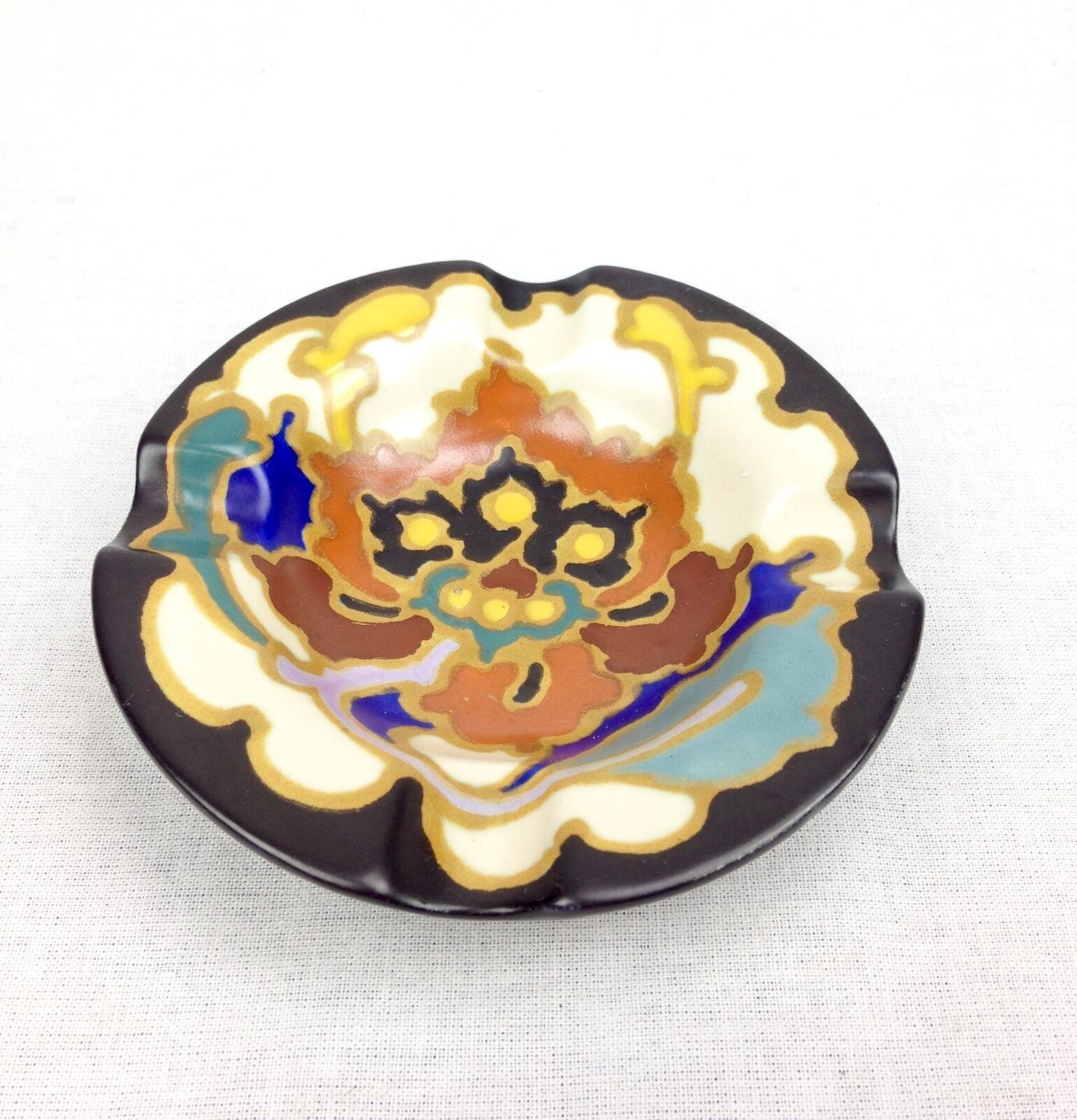 Art Deco Gouda Pottery Ashtray / Pin Dish / Dutch / Blue / Cream / Brown