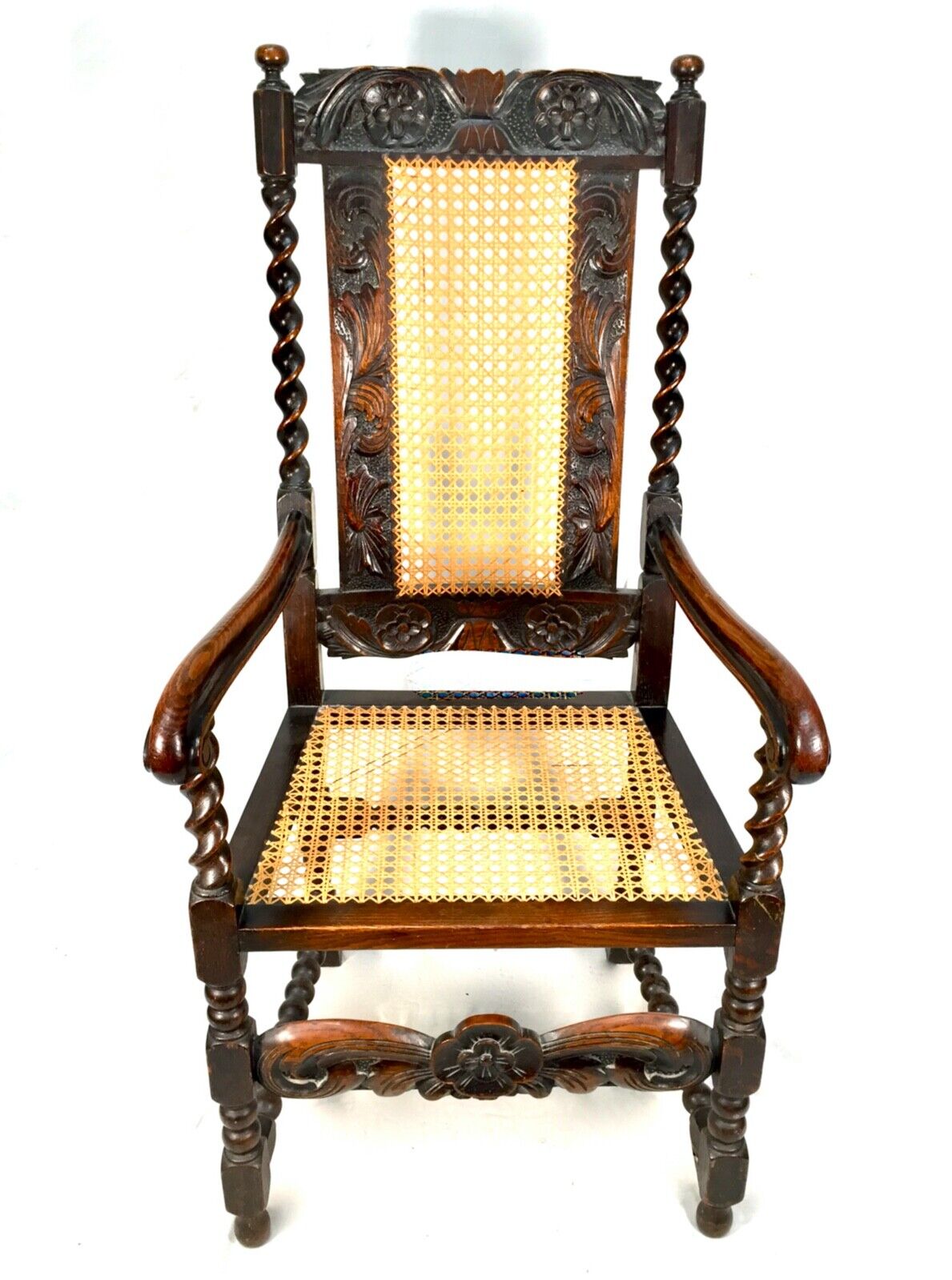Antique 18th Century Furniture Wooden Oak Carved Arm Chair with Cane Back & Seat