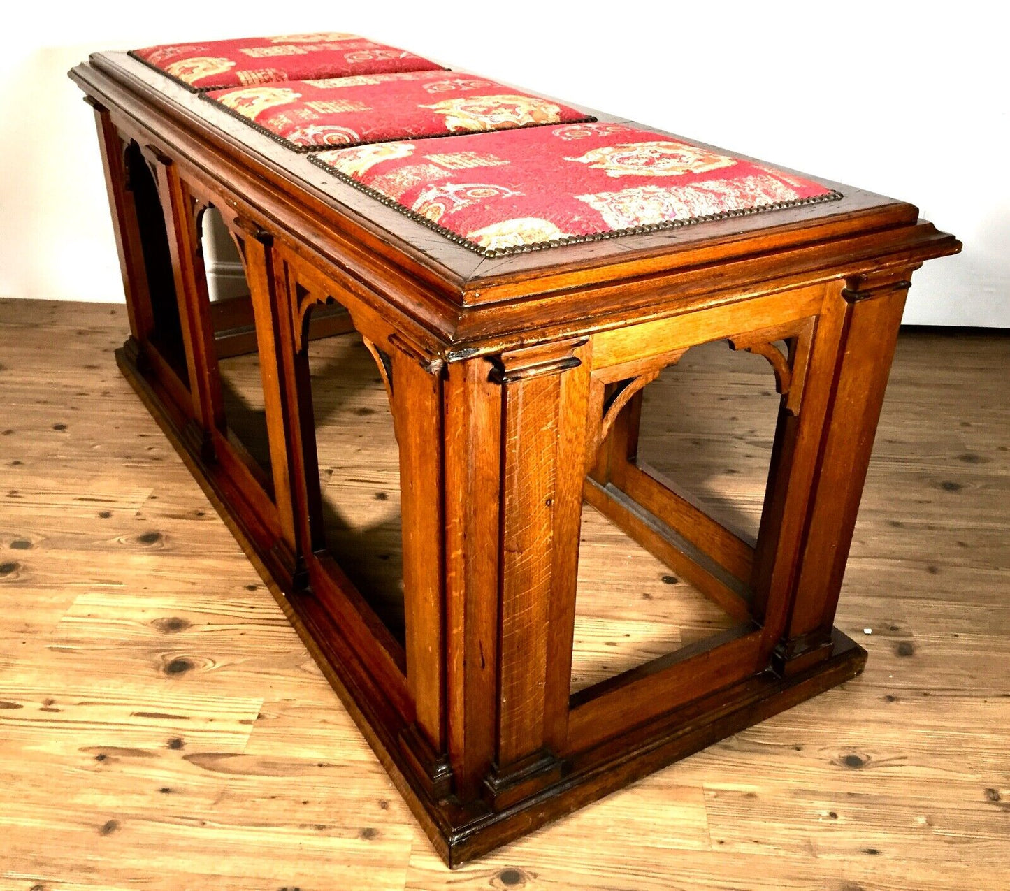 Antique 19th Century Gothic Revival Mahogany Wood Chapel Window Bench / Seat
