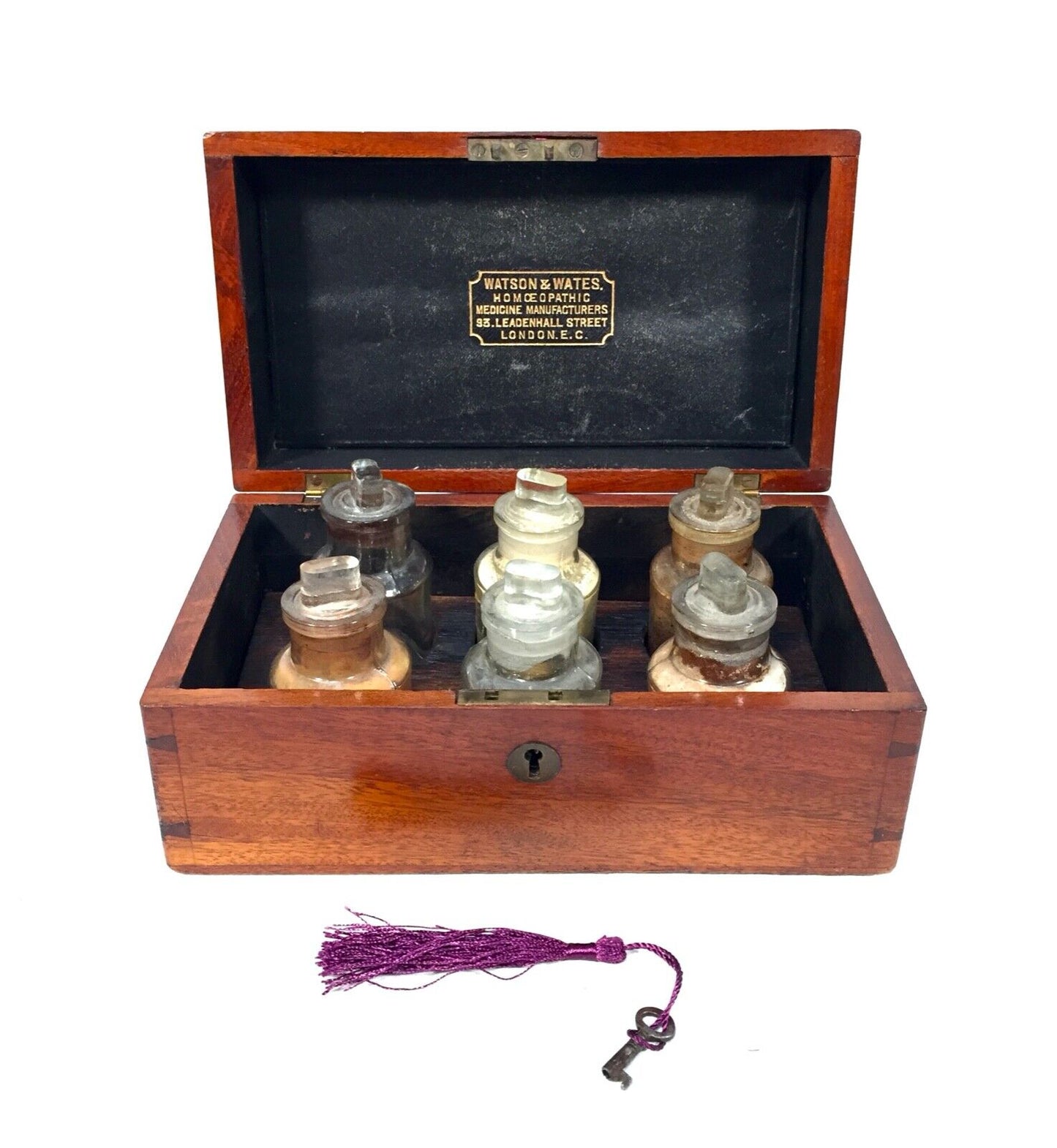 Antique Mahogany Apothecary Box / Cabinet With Glass Bottles by Watson & Wates