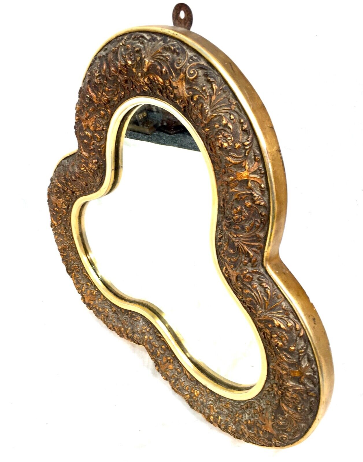 Antique Clover Shaped Wall Mirror / Gilded & Black / Floral Decoration c.1900