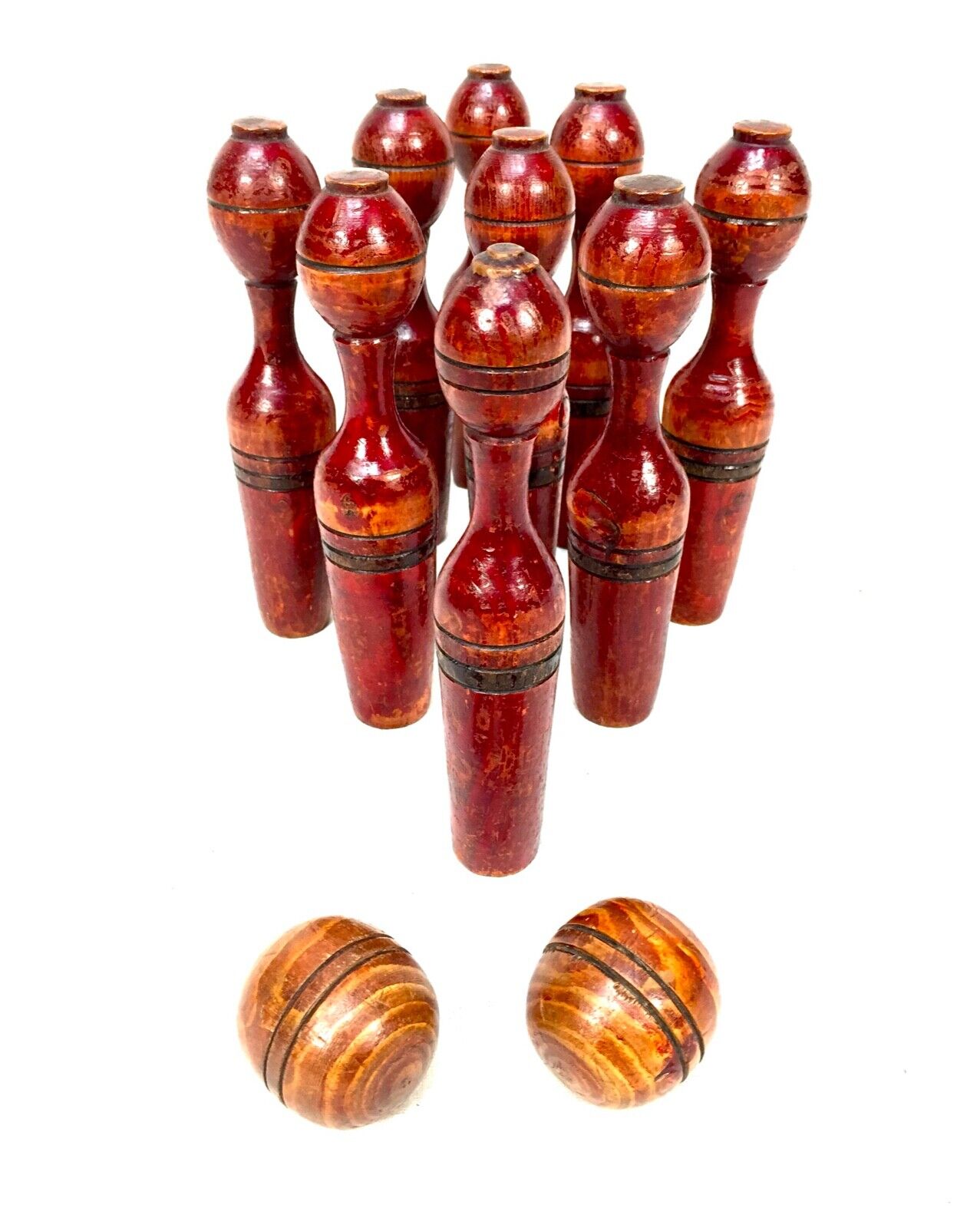 Antique Set of French Wooden 9 Pin Skittles / Game / Complete Hand Painted c1900