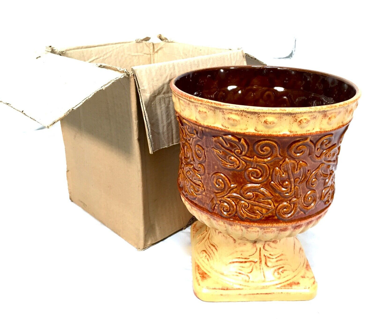 Vintage West German Pottery Planter / Urn / Vase in Original Box / Cream & Brown