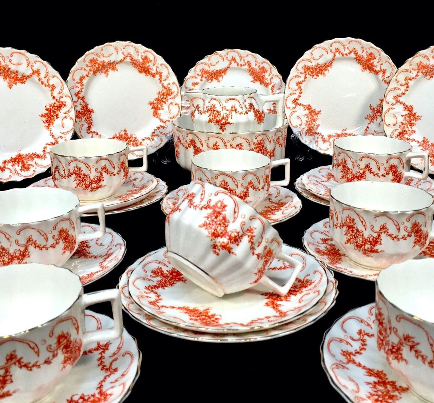 Antique Edwardian China Tea Set for 10 People / Orange & White / C.1900 / Trio