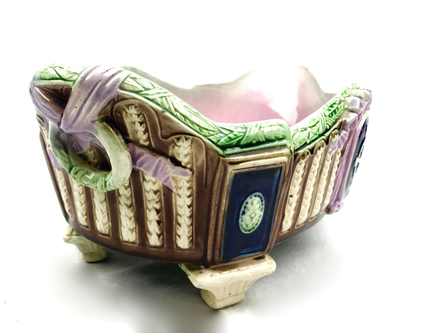 Antique Majolica Oval Planter / Victorian / Blue & Pink / Thomas Forrester