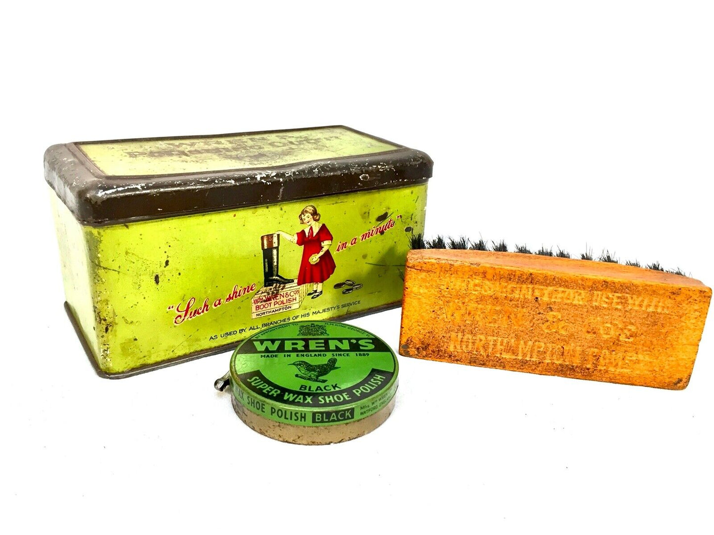 Antique Advertising - Wren's Shoe Polish Tin & Contents / Brush & Wax