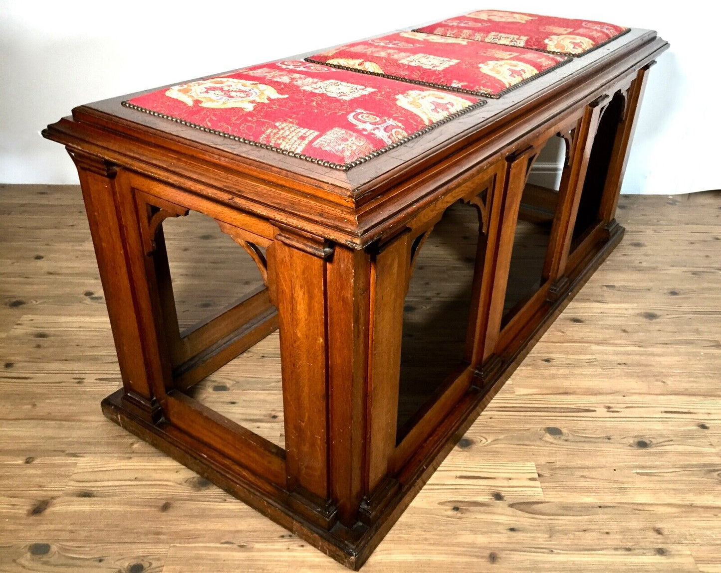 Antique 19th Century Gothic Revival Mahogany Wood Chapel Window Bench / Seat
