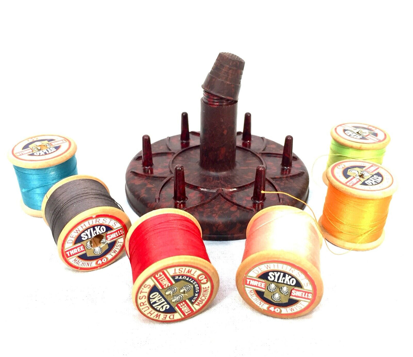 Vintage Bakelite Cotton Spool Holder / Thimble / Needle Box / Brown / Sylko Reel