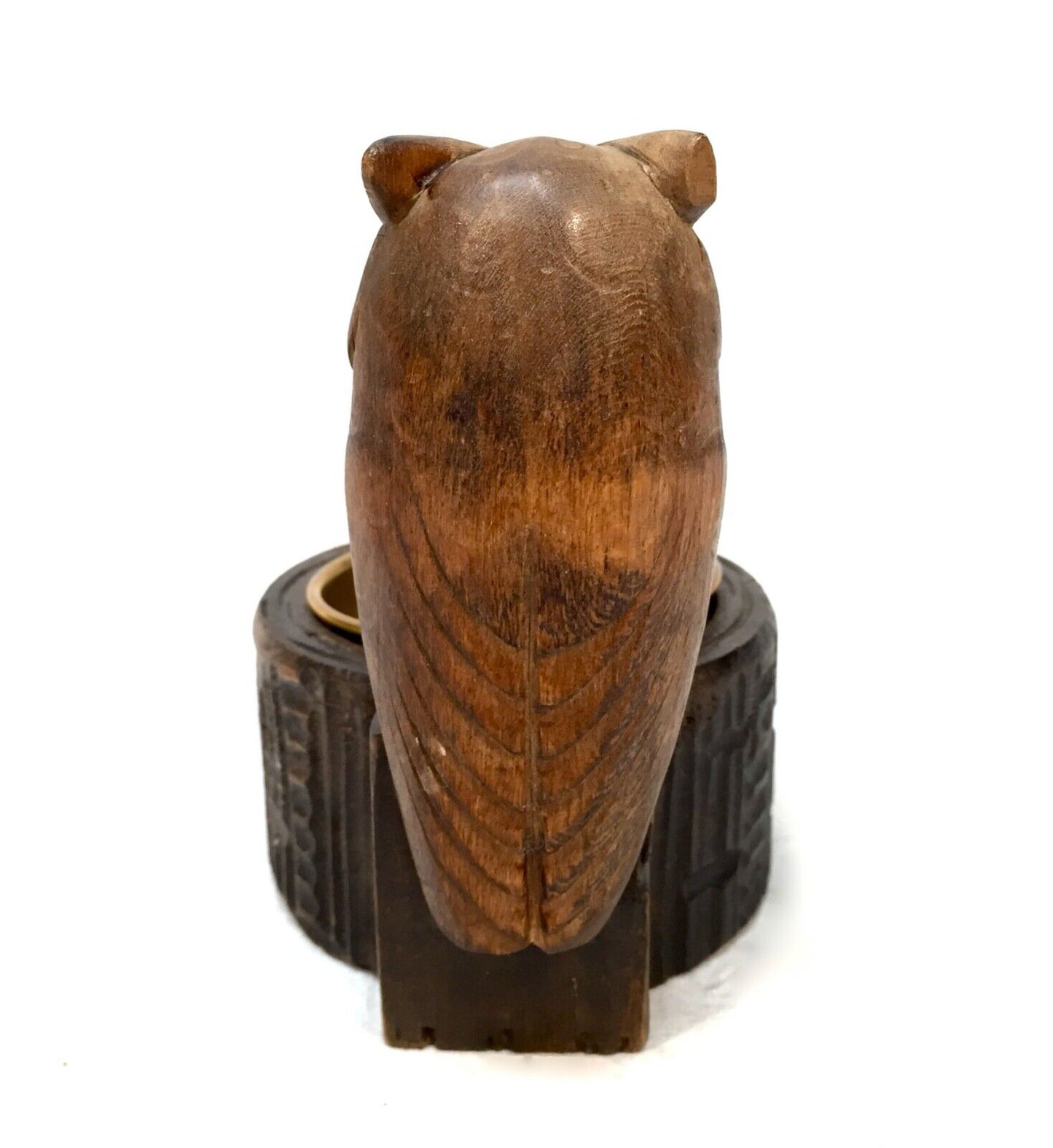 Antique Wooden Carved Owl & Brass Bowl Pin / Trinket Dish / Black Forest Style