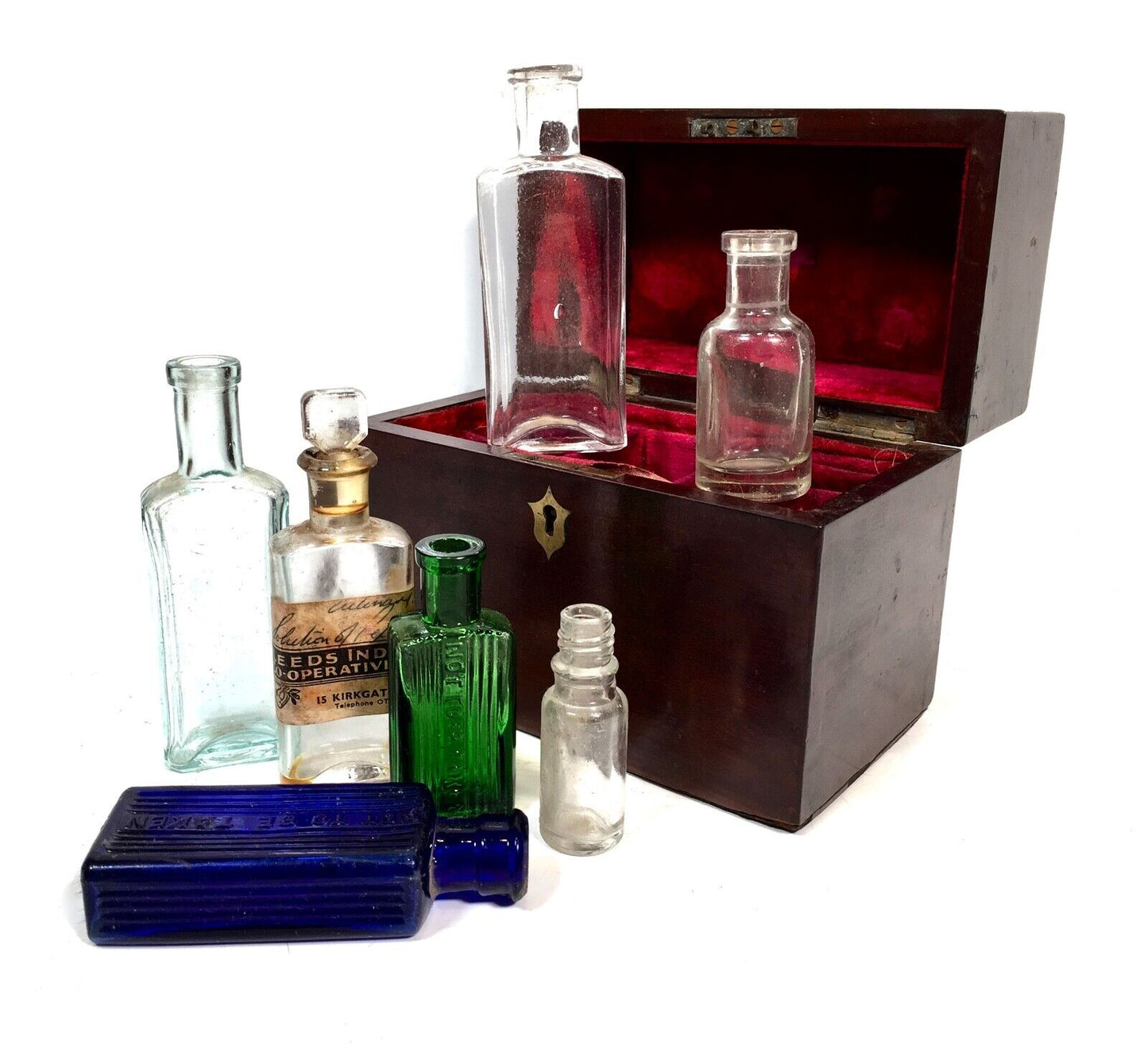 Antique Mahogany Apothecary Box / Cabinet With Glass Medicine Bottles c.1880