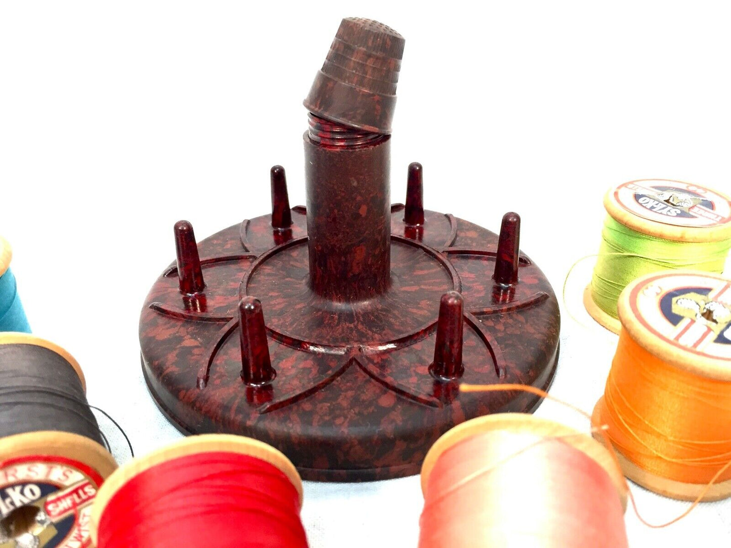Vintage Bakelite Cotton Spool Holder / Thimble / Needle Box / Brown / Sylko Reel
