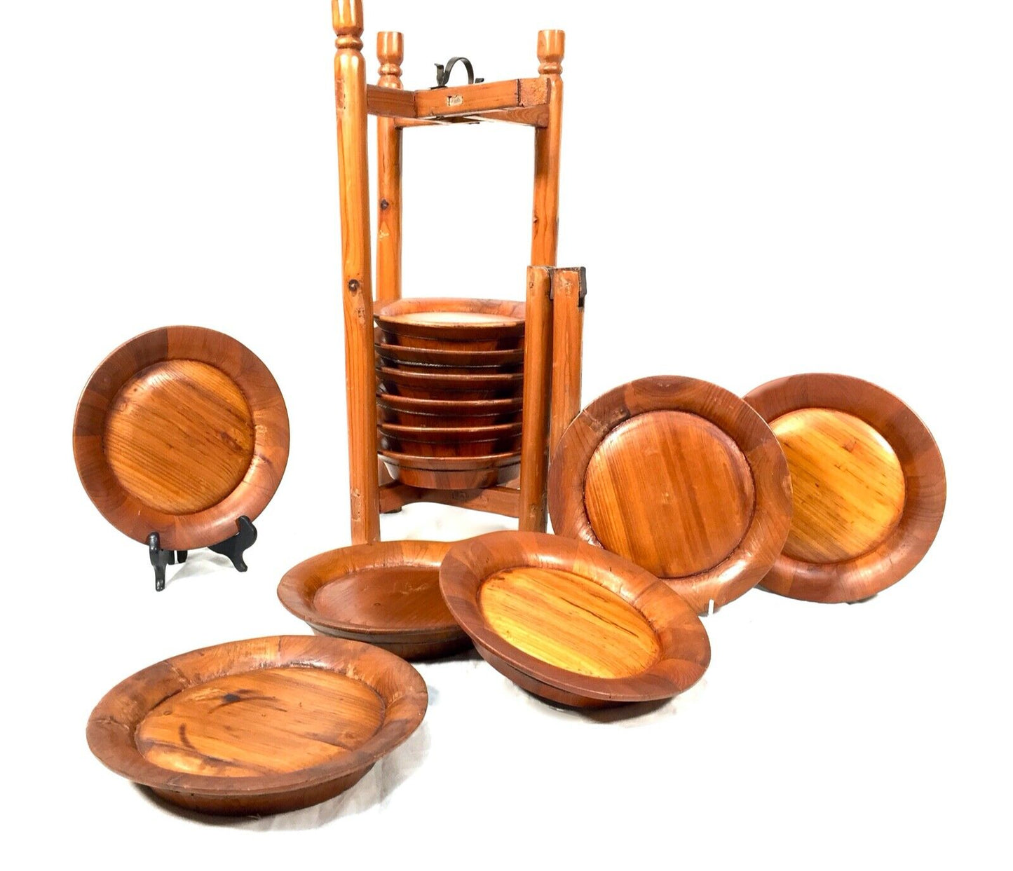 Antique Kitchenalia Wooden Stained Pine Stacking Plate / Bowl / Picnic Set c1950