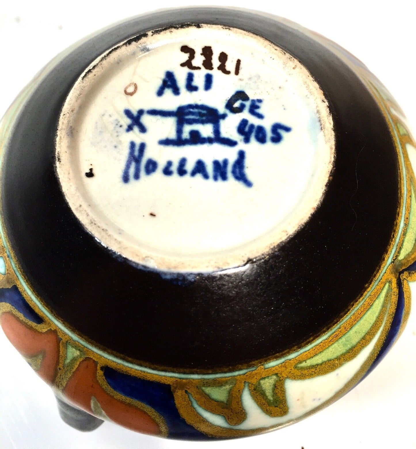 Antique Gouda Pottery Art Deco Dutch Vase / Bowl / Blue / Green / Brown / Orange