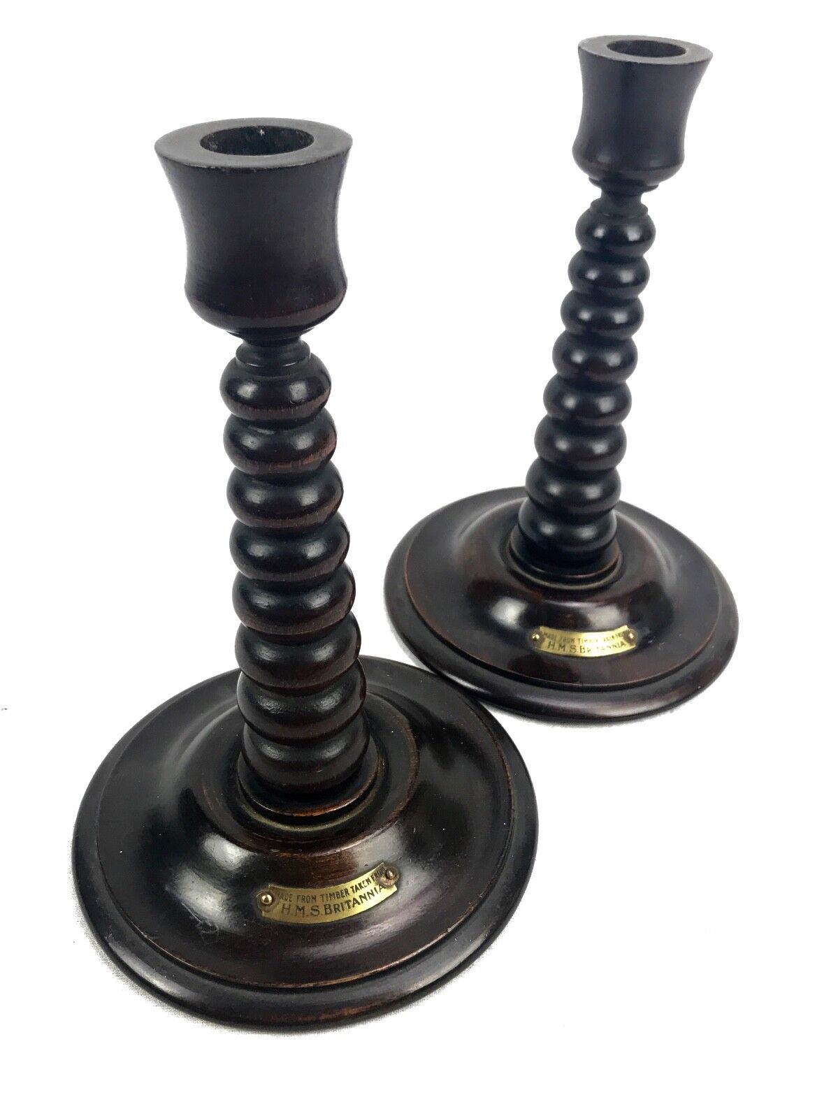 Antique Wood Barley Twist Candle Stick Pair Made From Timber From HMS Britannia