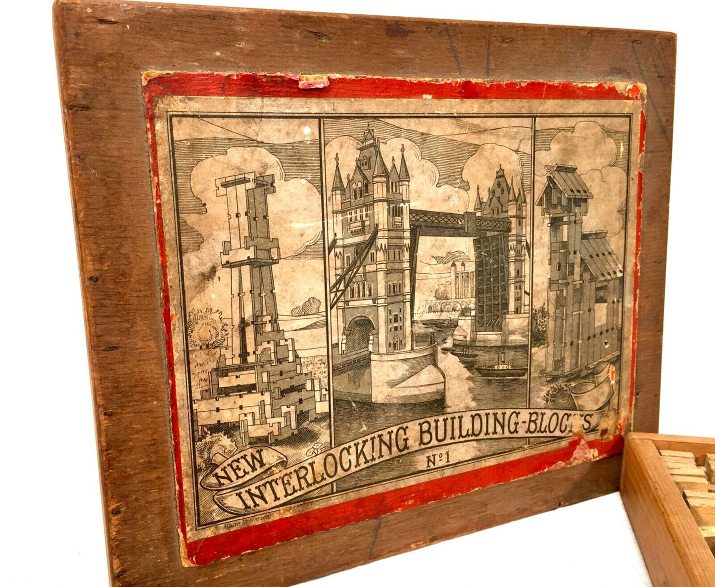 Antique 19th Century Wooden Interlocking Building Block Game / Boxed Set No. 1