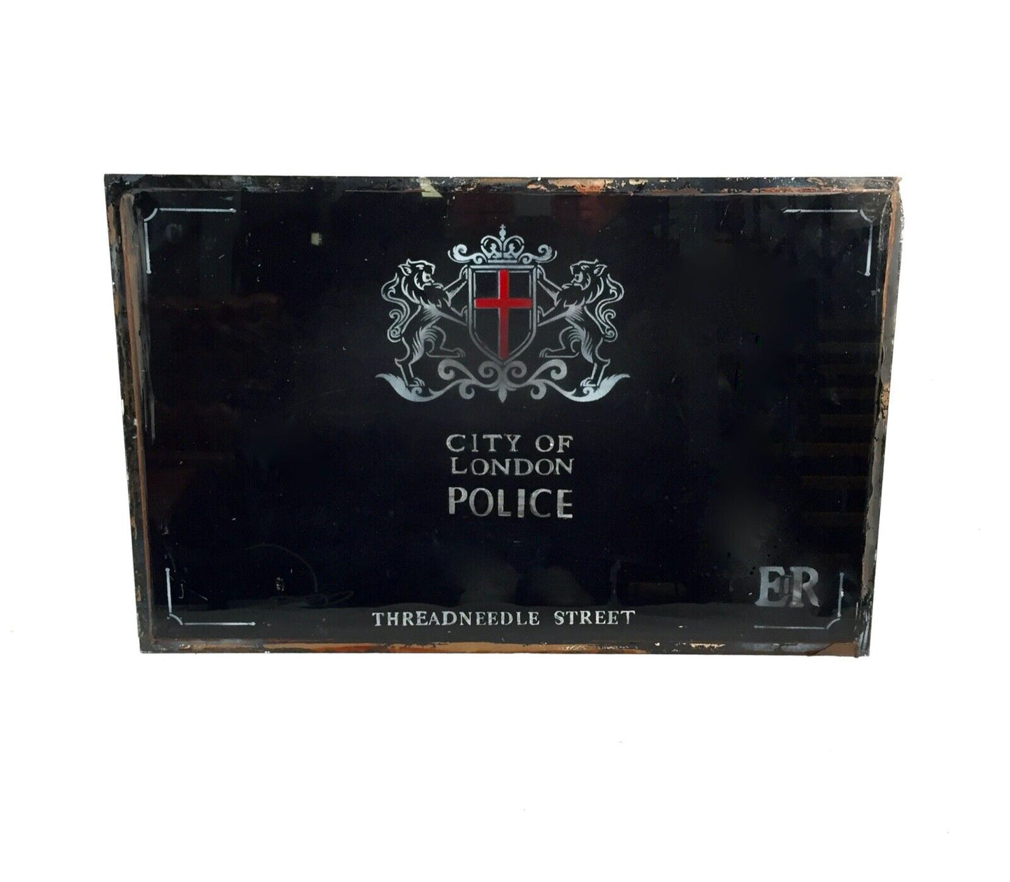 Vintage Glass Window Sign City of London Police Threadneedle Street Glass