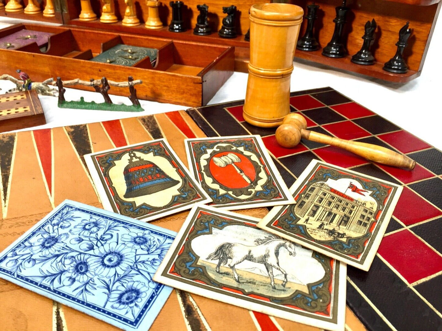 Antique 19th Century Victorian Games Compendium Box / Wooden Cabinet c.1880