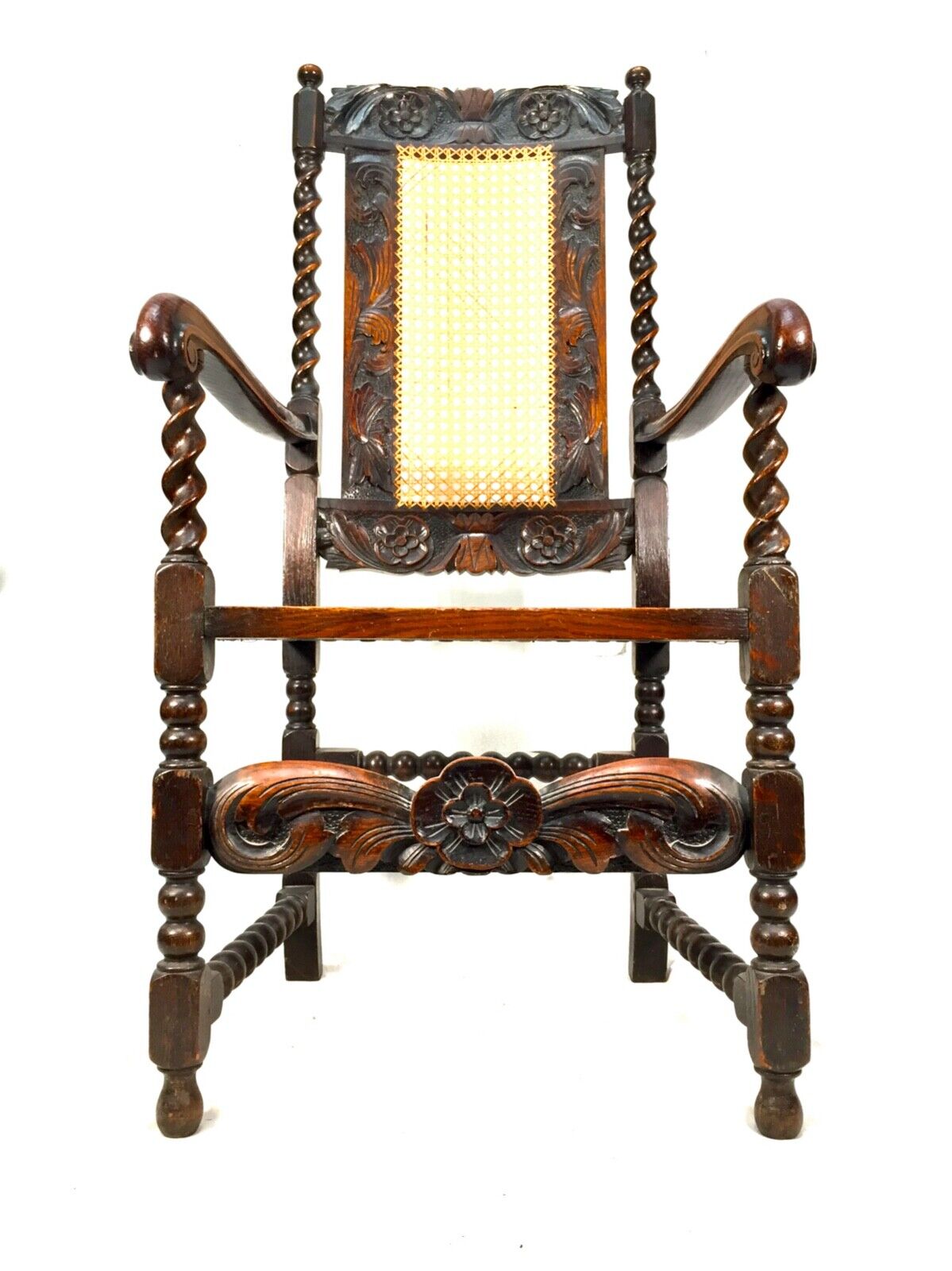 Antique 18th Century Furniture Wooden Oak Carved Arm Chair with Cane Back & Seat