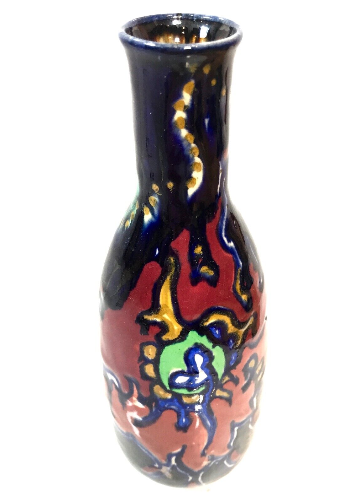 Antique High Glaze Gouda Pottery Art Deco Vase / Dutch / Blue / Green / Orange