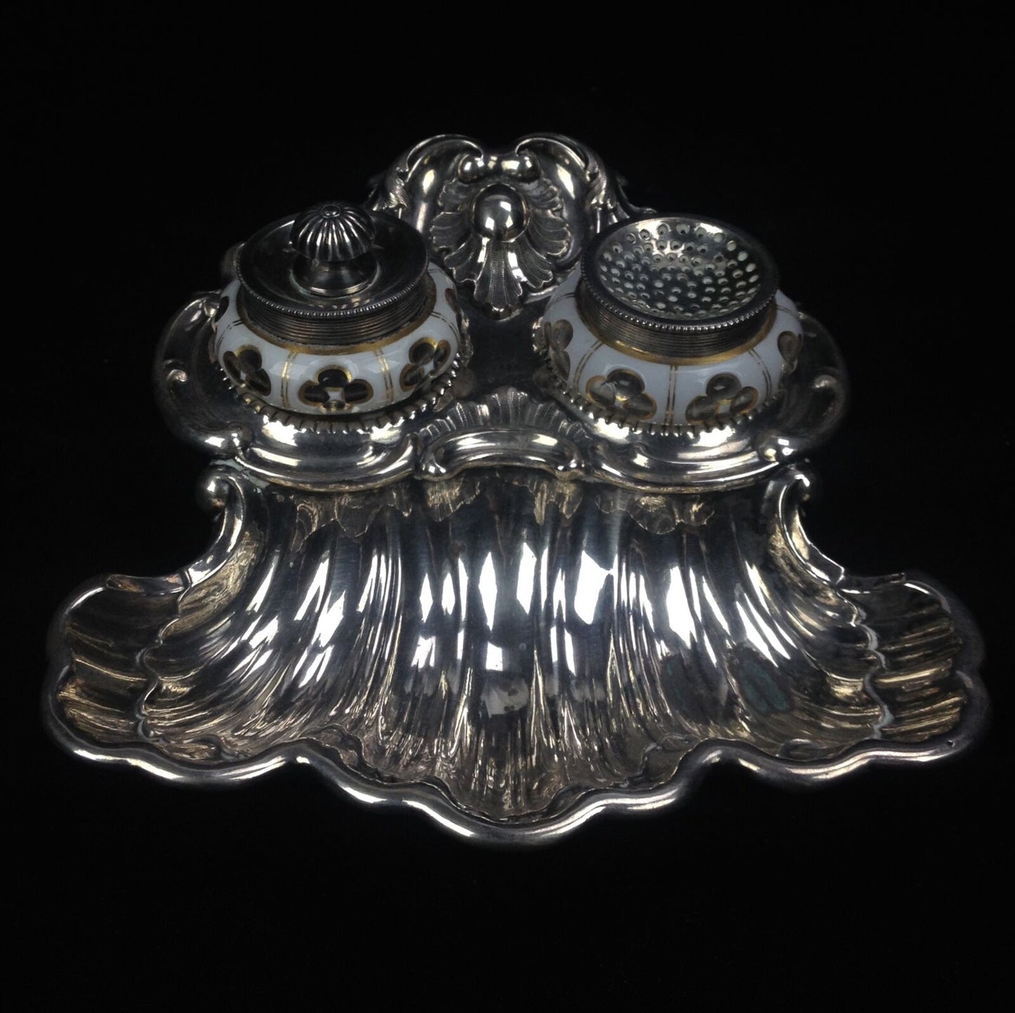 Continental White Metal & Enamel Glass Inkwells and Pen Dish /REDUCED