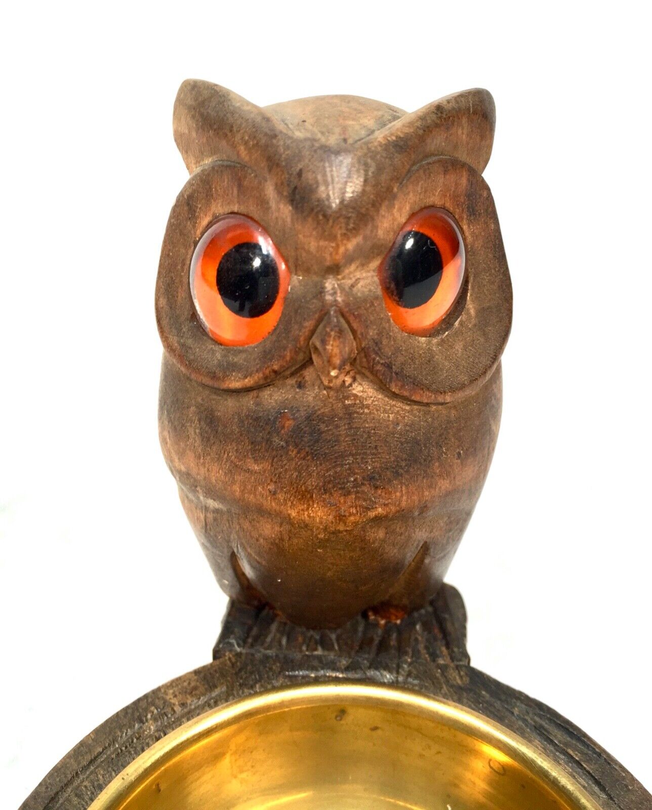 Antique Wooden Carved Owl & Brass Bowl Pin / Trinket Dish / Black Forest Style