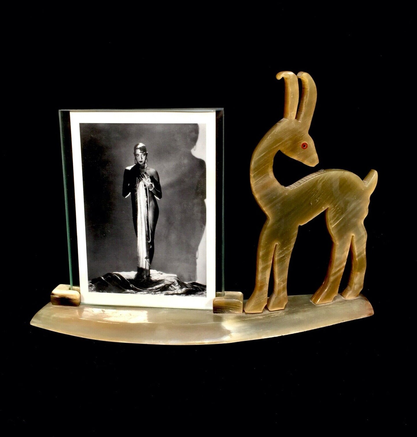 Antique Art Deco Bakelite & Glass Photograph Frame With Deer / Stag Figurine