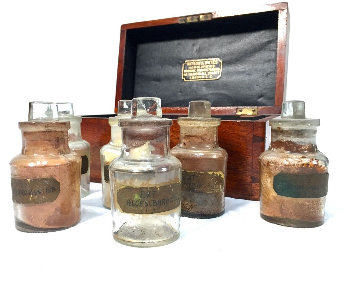 Antique Mahogany Apothecary Box / Cabinet With Glass Bottles by Watson & Wates