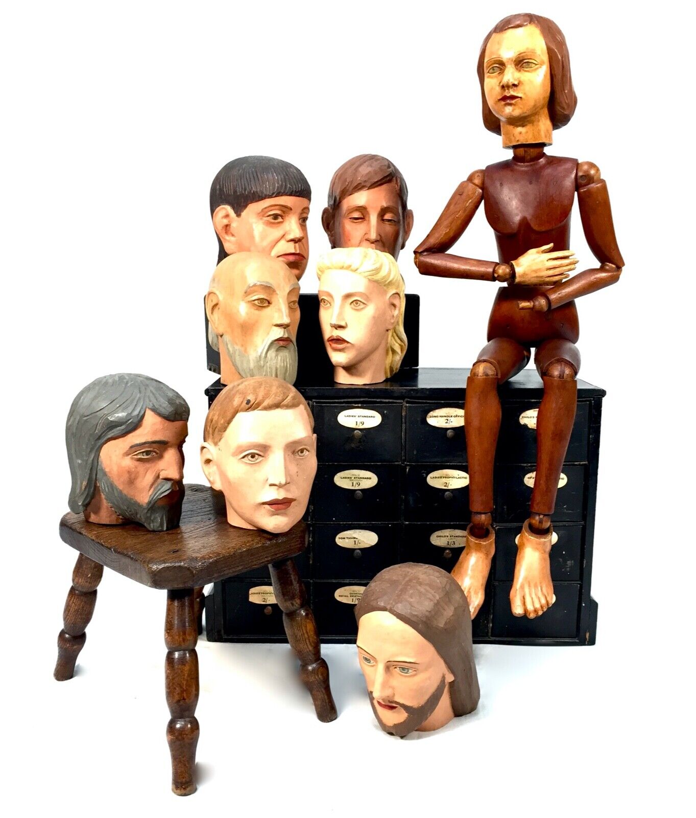 Antique Wooden French Articulated Artists Lay Figure & Head Collection c.1900