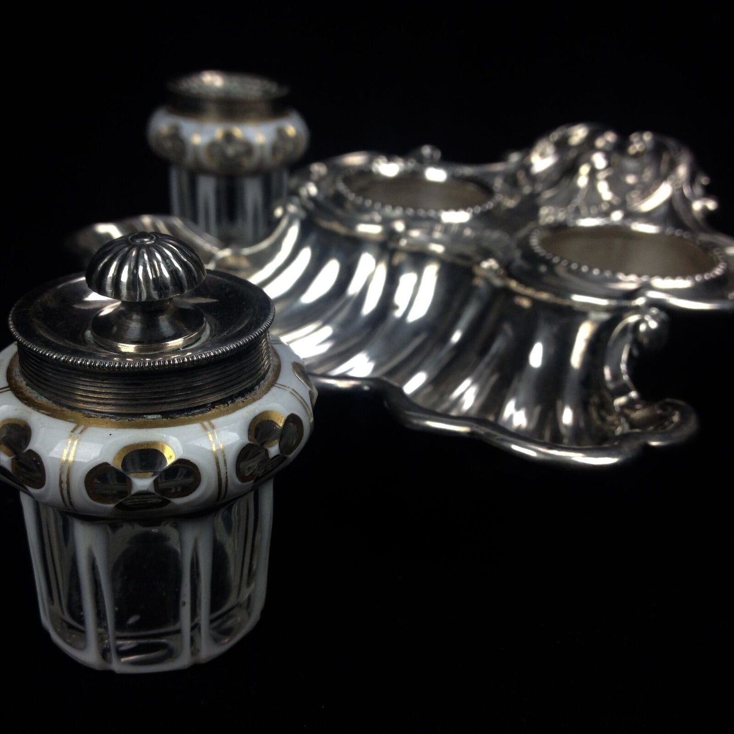 Continental White Metal & Enamel Glass Inkwells and Pen Dish /REDUCED