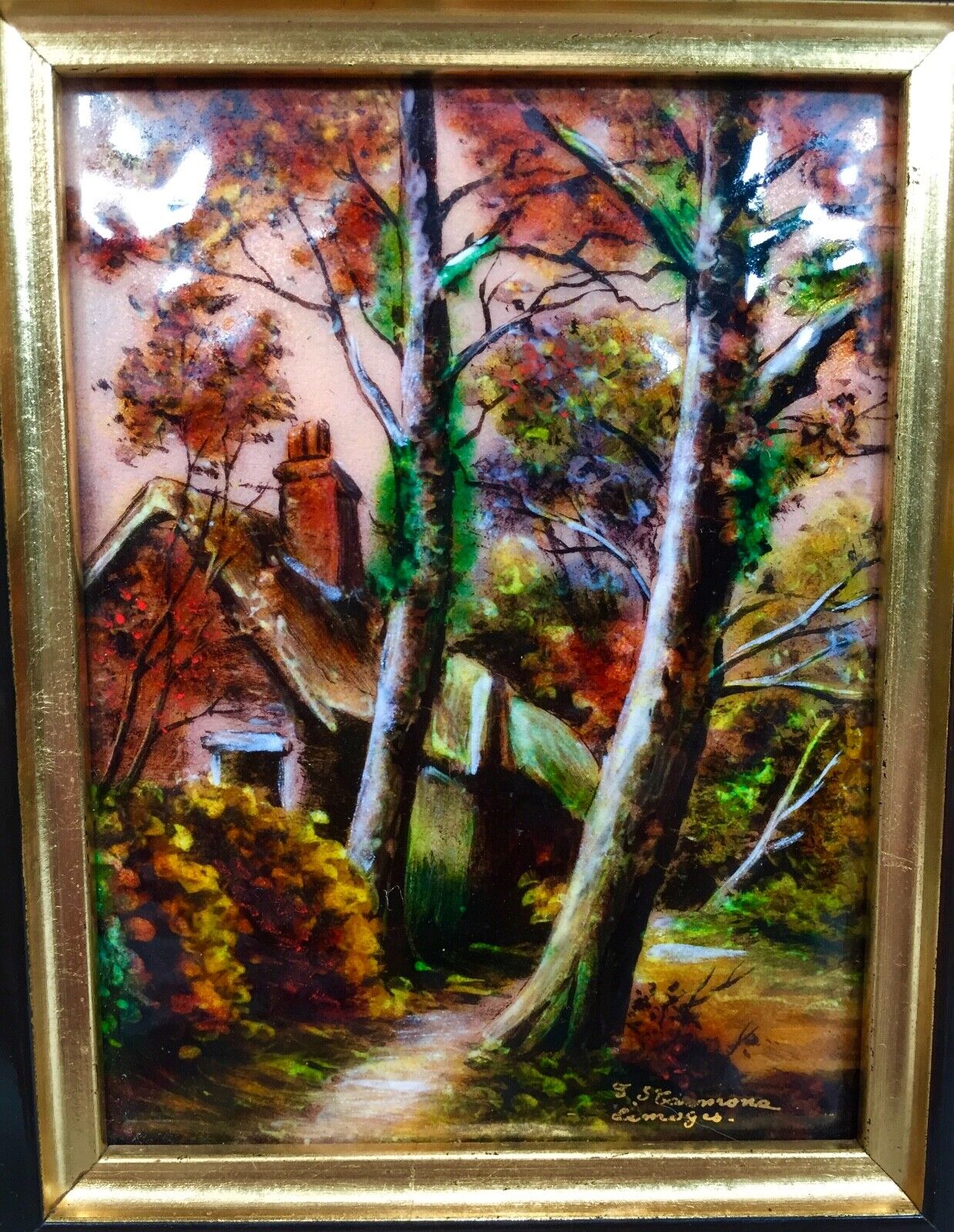 Framed Enamel on Copper E J Guitard of Limoges, France, Painting Pair c.1970