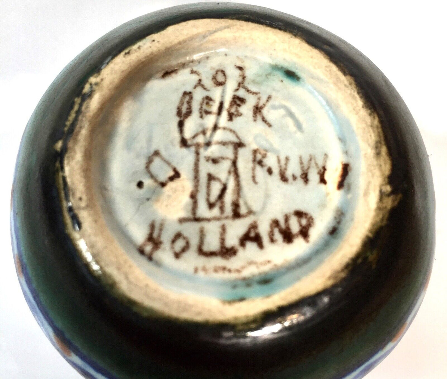 Antique Gouda Pottery Art Deco Dutch Vase / Pot / Blue / Yellow / Green / Orange