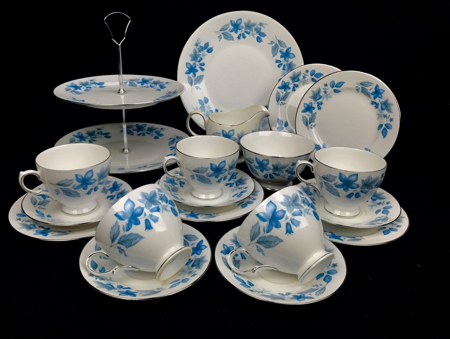 Crown Essex Vintage Tea Set For 5 / Dubarry / Blue Floral / Cake Stand / Trios
