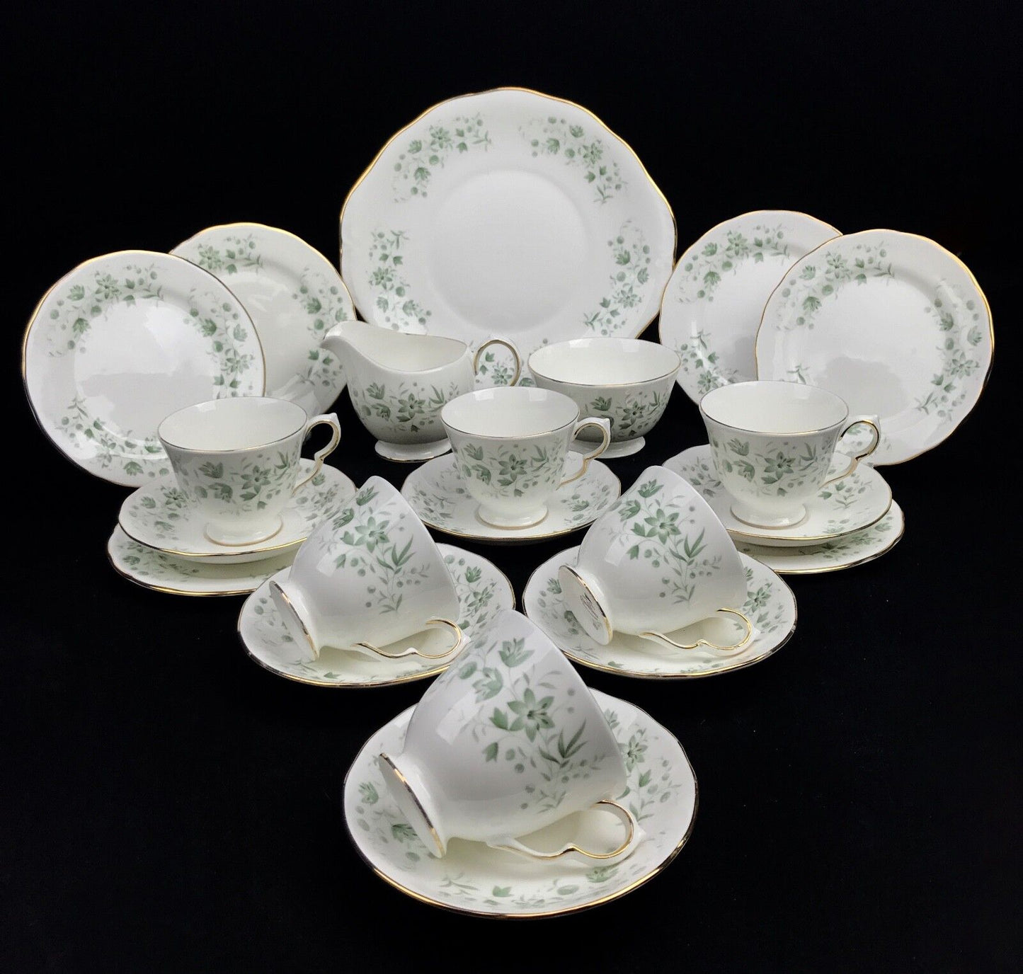Queen Anne China Tea Set For 6 / 21 Piece / Pattern 8669 Green Floral / Trio
