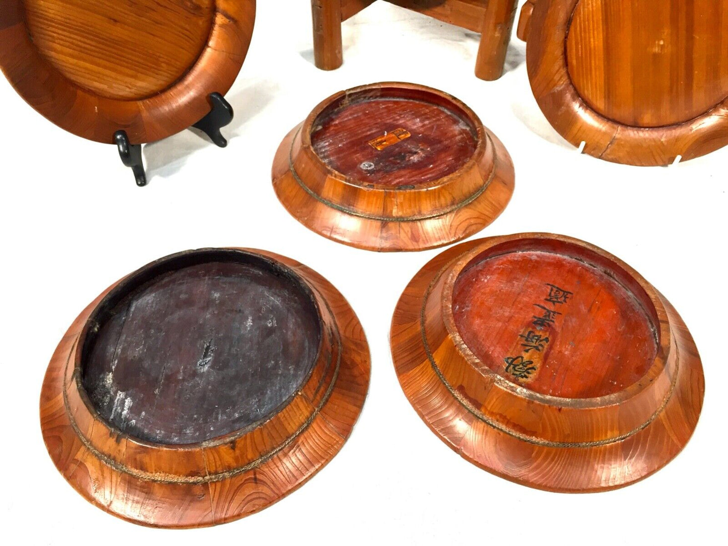 Antique Kitchenalia Wooden Stained Pine Stacking Plate / Bowl / Picnic Set c1950