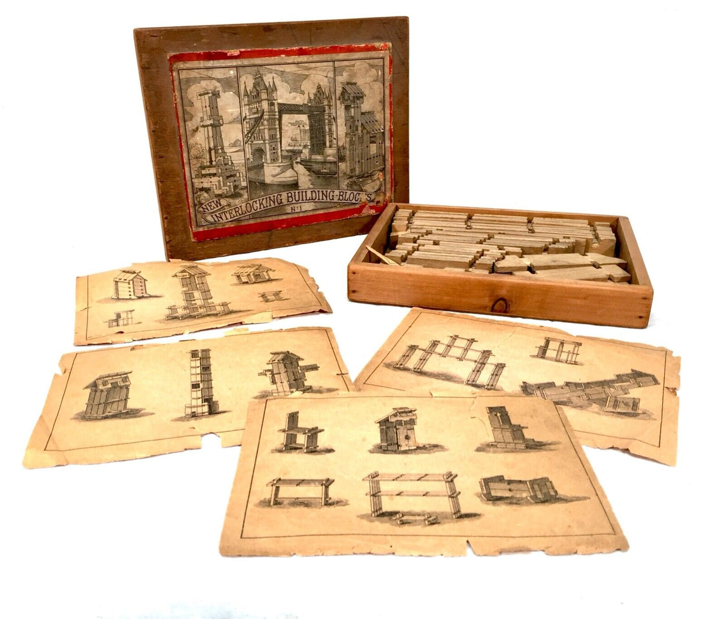 Antique 19th Century Wooden Interlocking Building Block Game / Boxed Set No. 1