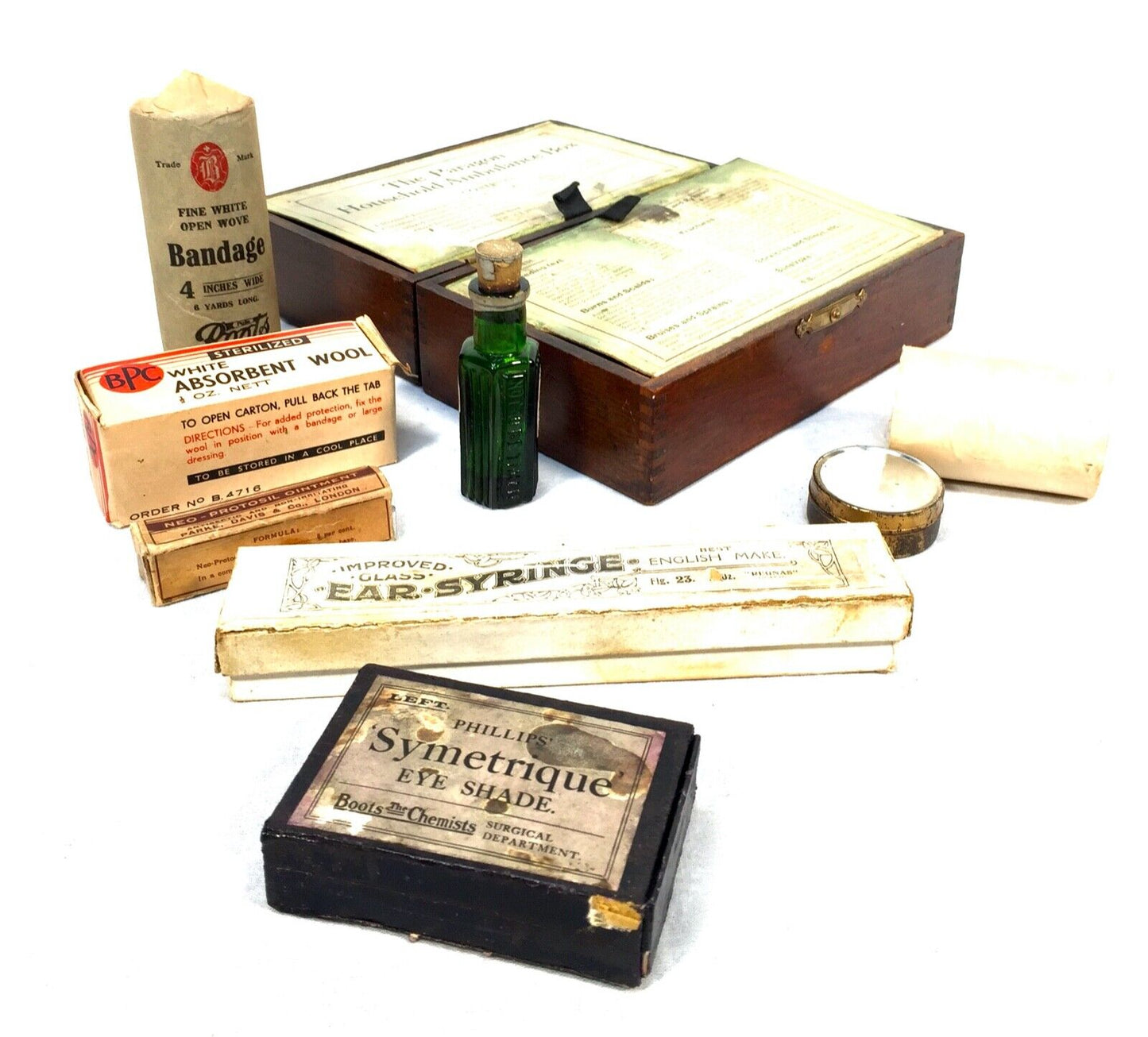 Antique Wooden Paragon Household Ambulance First Aid Box & Contents Apothecary