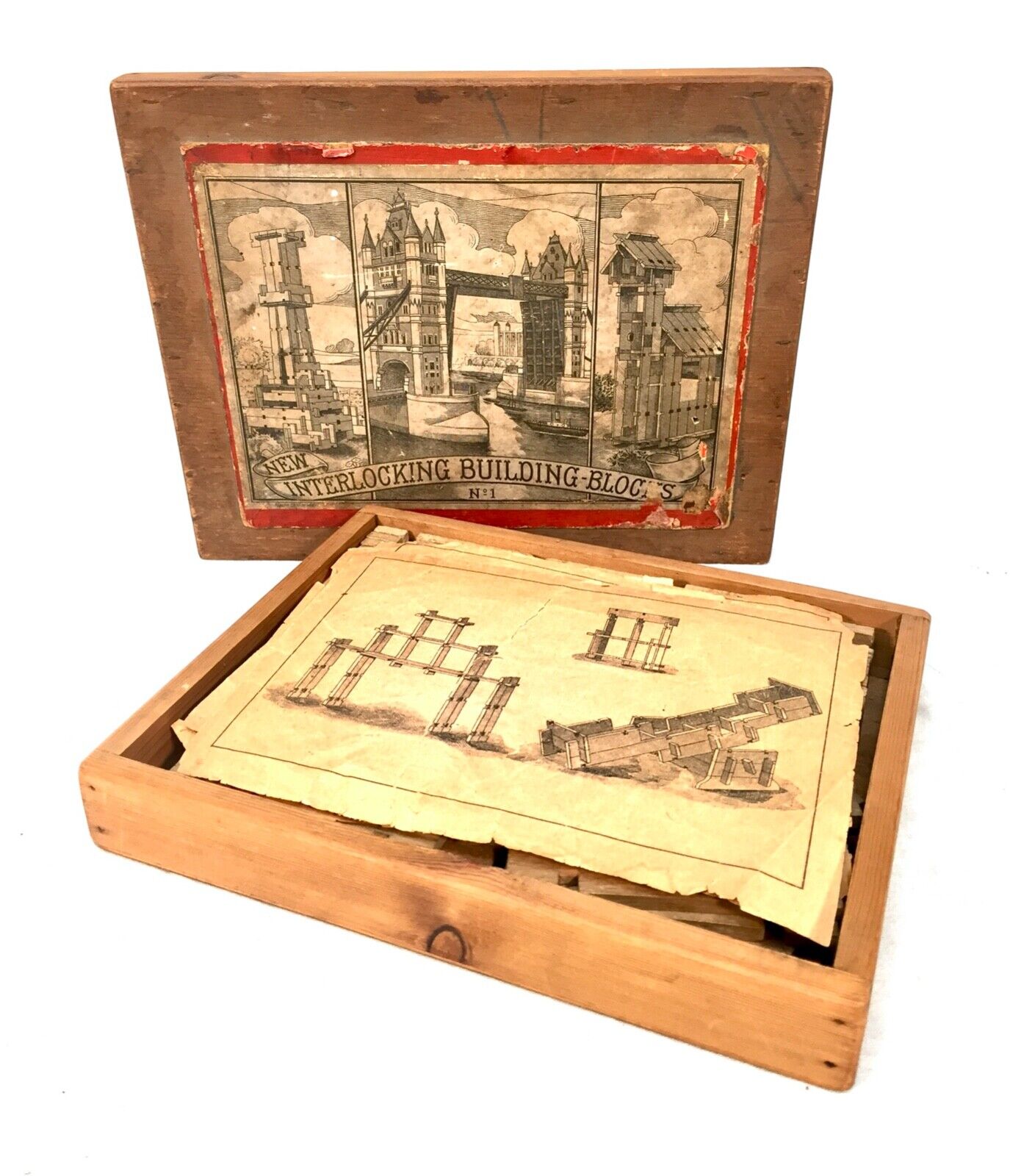 Antique 19th Century Wooden Interlocking Building Block Game / Boxed Set No. 1