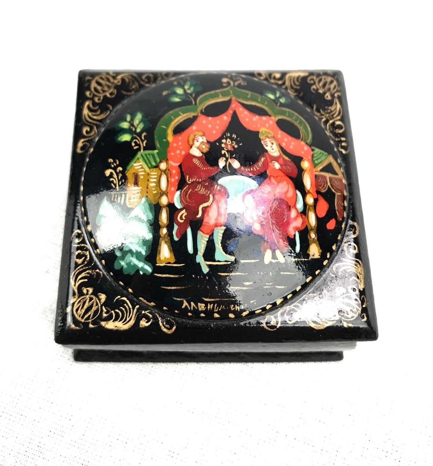 Russian Lacquered Fairytale Trinket Box / Signed / Black And Red