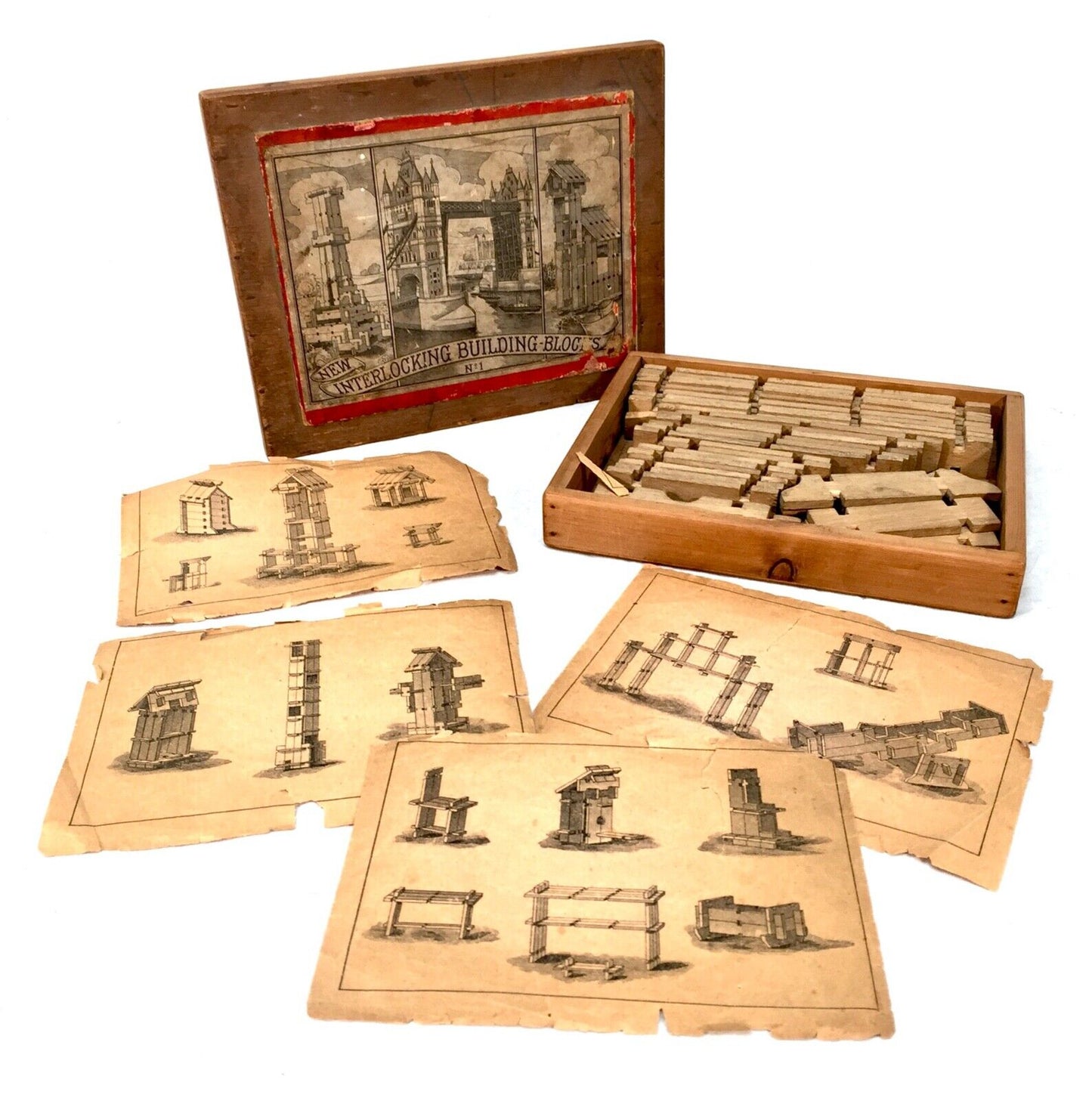 Antique 19th Century Wooden Interlocking Building Block Game / Boxed Set No. 1