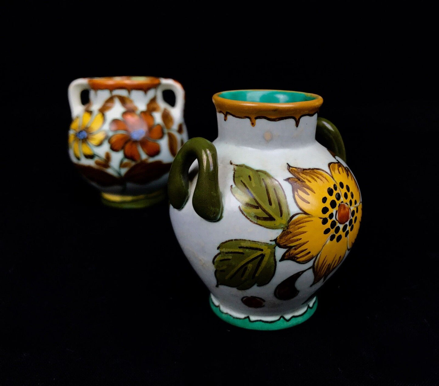 Gouda Pottery Double Handled Jug Pair Cream / 1950's Dutch / Yellow / Orange
