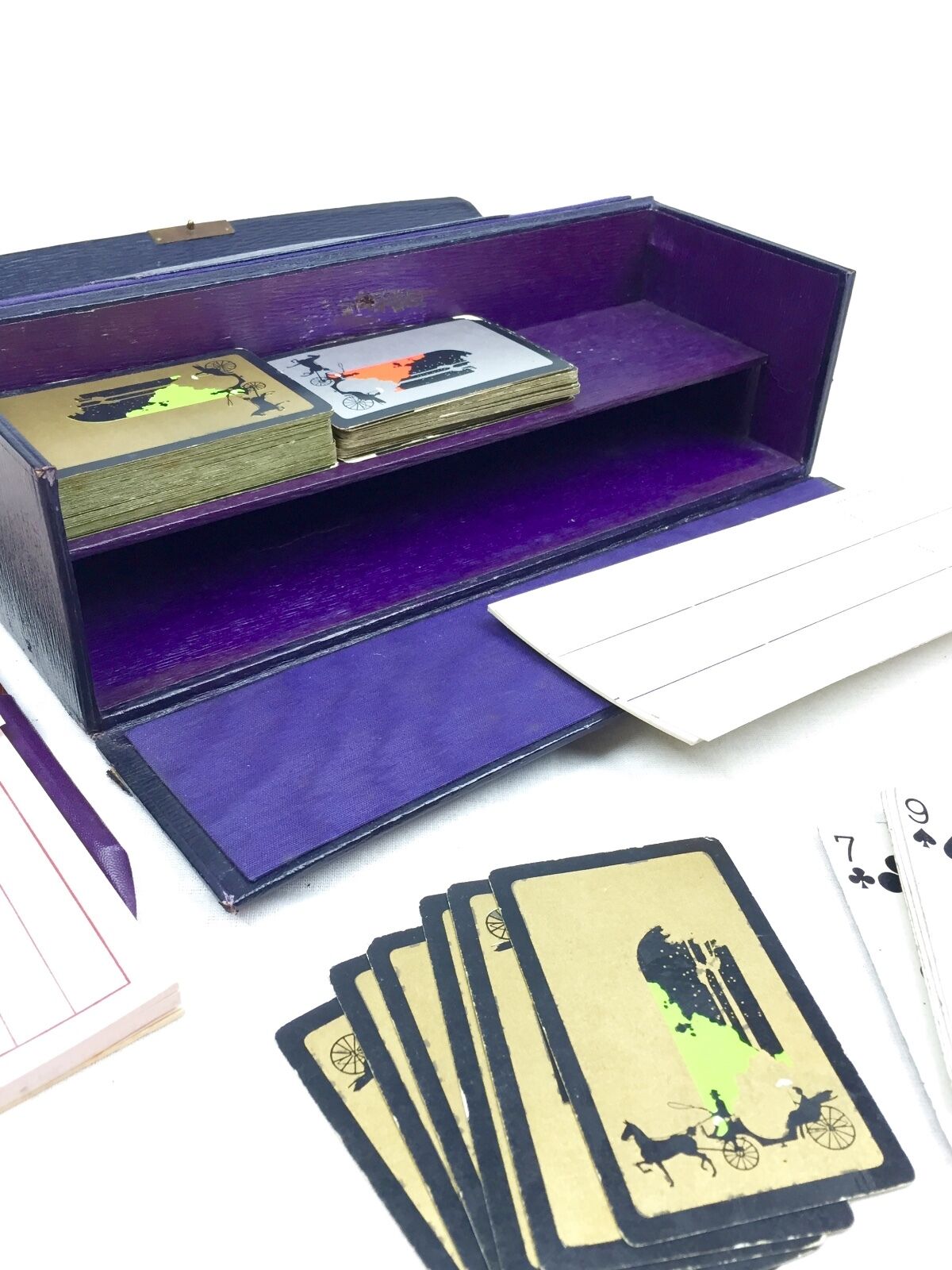 Bridge Card Game Set In Purple Leather Bound Storage Sase Vintage Collectable