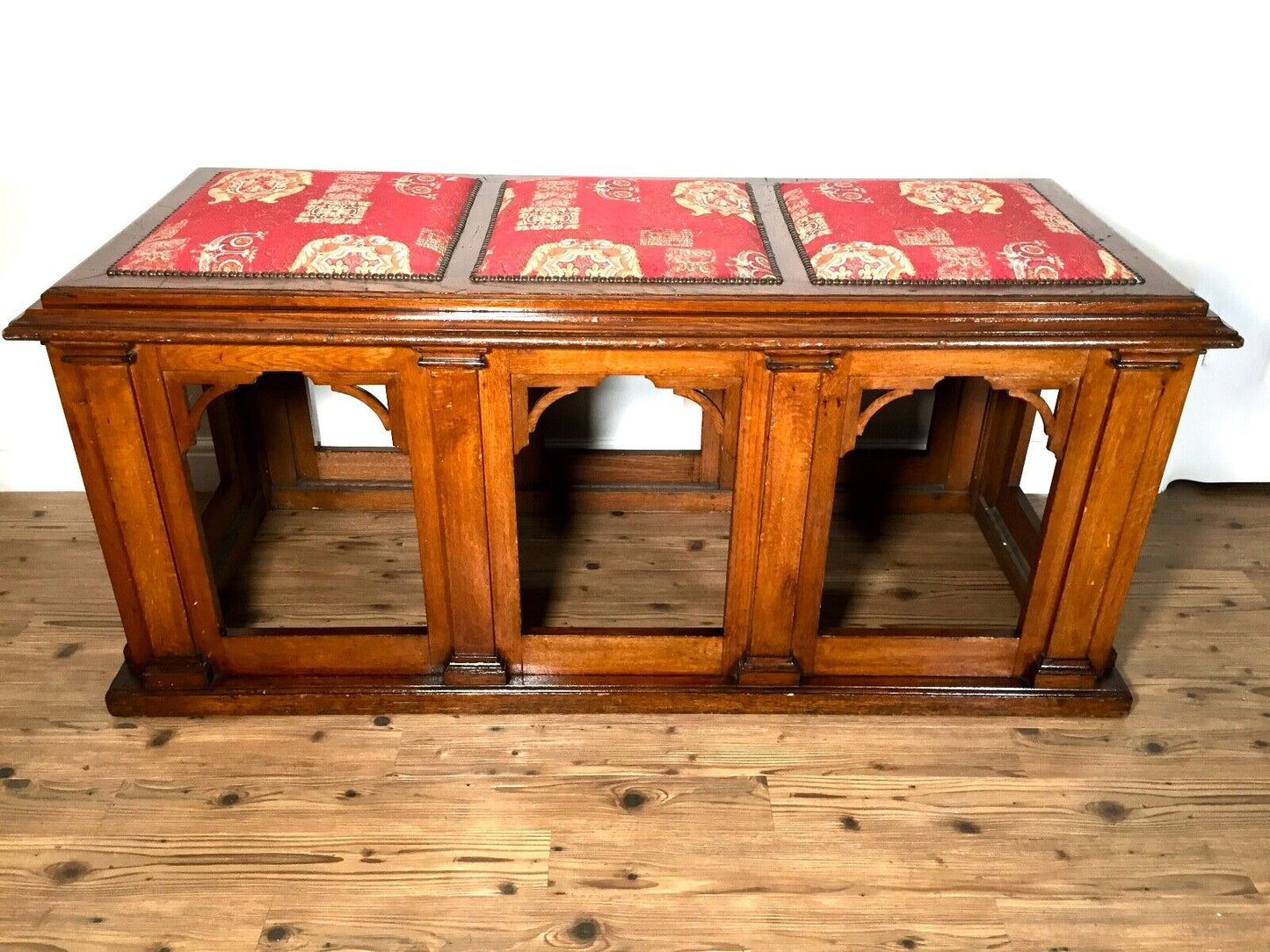 Antique 19th Century Gothic Revival Mahogany Wood Chapel Window Bench / Seat