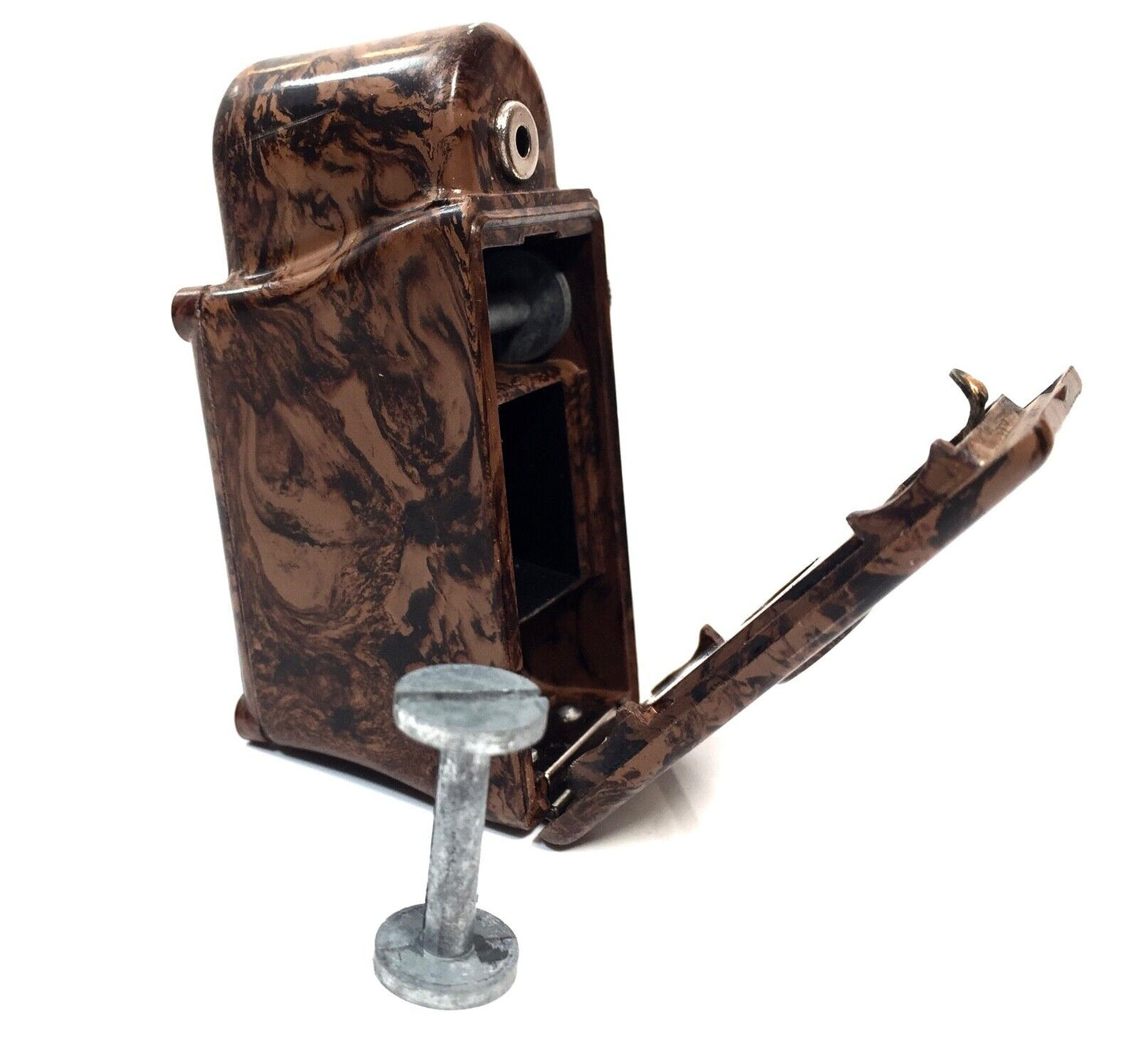 Antique Coronet Midget / Miniature 16MM Camera Brown Marble Bakelite / Art Deco
