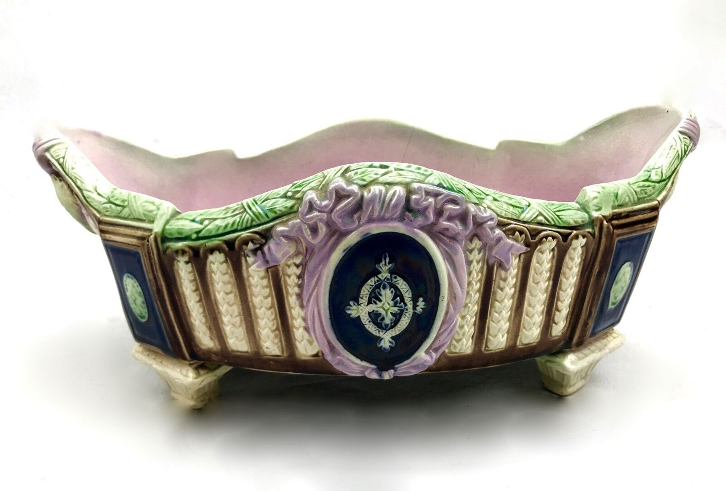 Antique Majolica Oval Planter / Victorian / Blue & Pink / Thomas Forrester