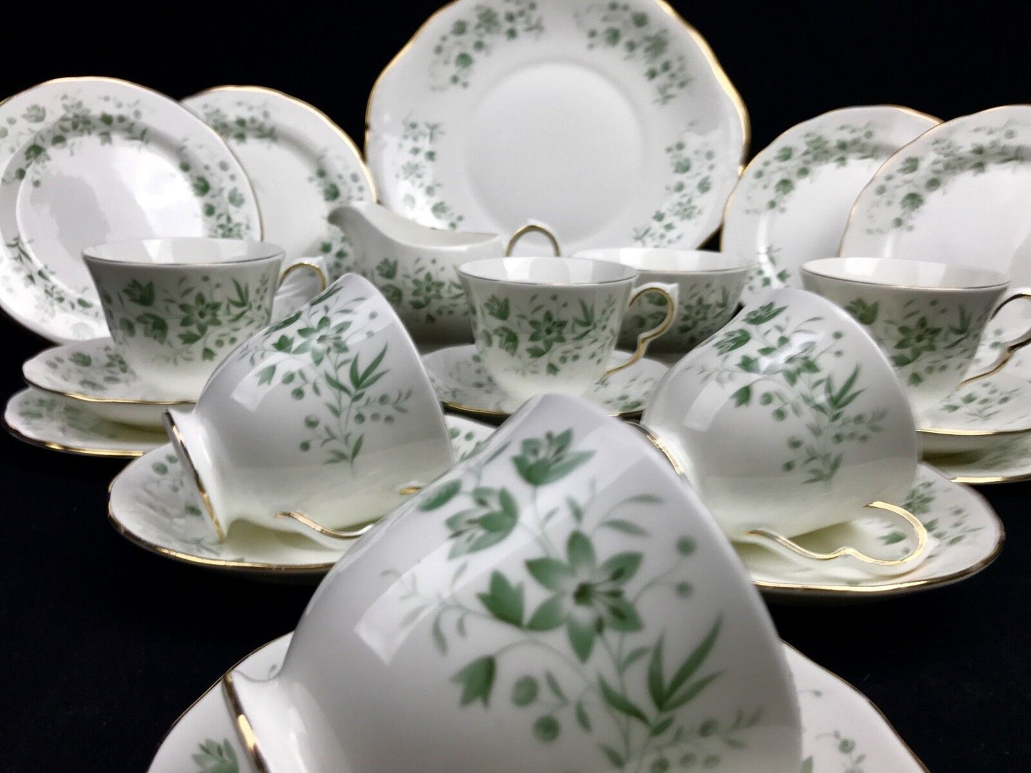 Queen Anne China Tea Set For 6 / 21 Piece / Pattern 8669 Green Floral / Trio