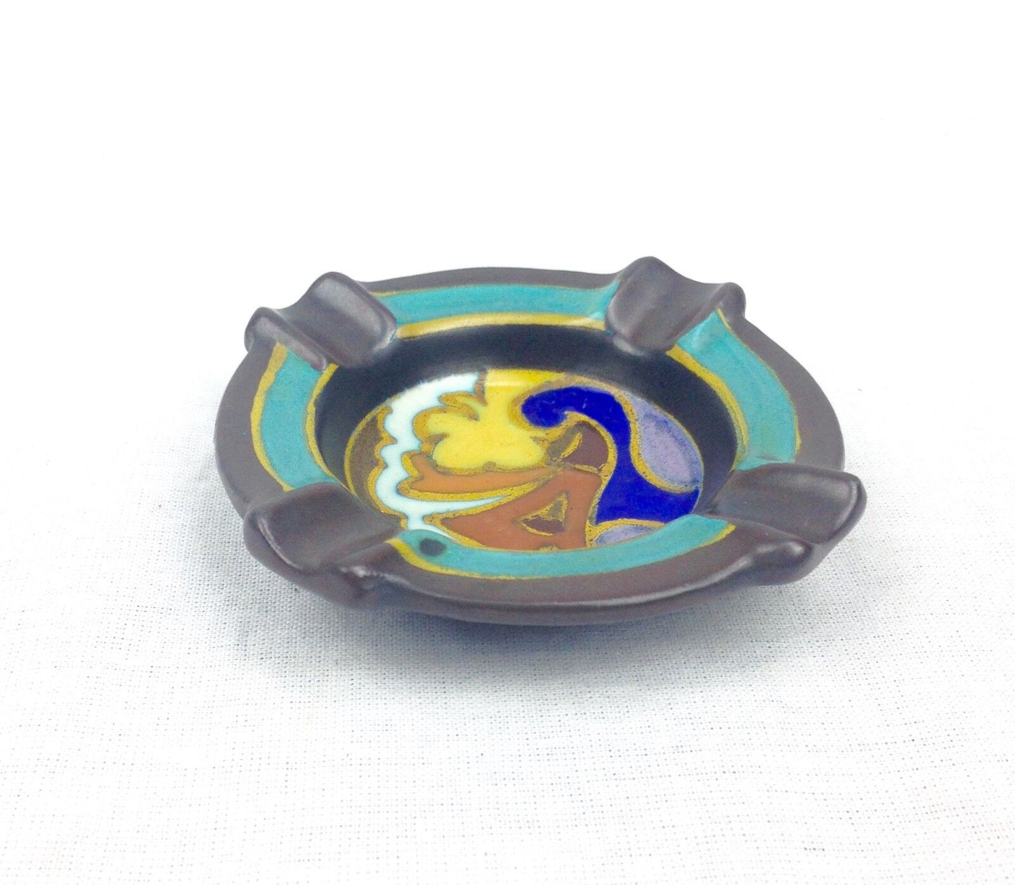 Gouda Pottery Ash Tray Antique Art Deco 1929 - Blue - Brown - Yellow 1920's