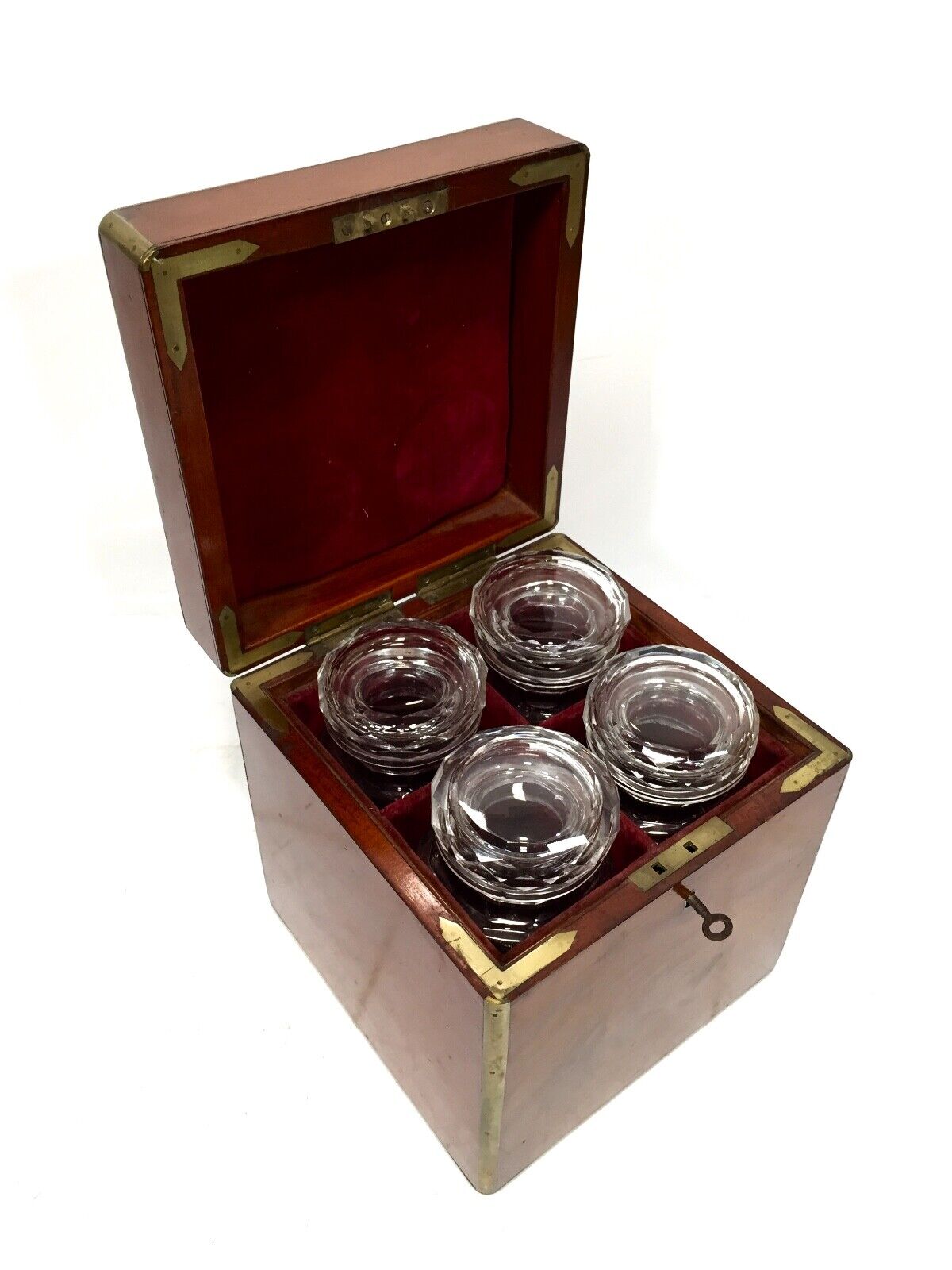 19th Century Mahogany Campaign Box & 4 Glass Pickle Jars / Victorian Antique