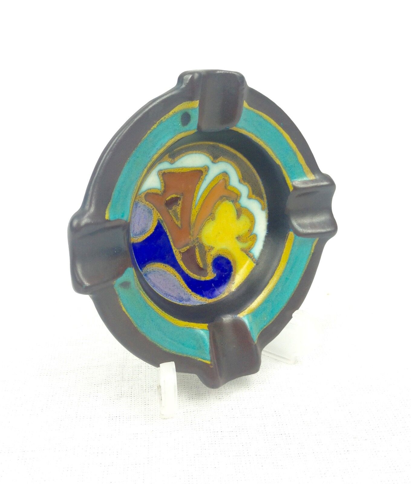 Gouda Pottery Ash Tray Antique Art Deco 1929 - Blue - Brown - Yellow 1920's