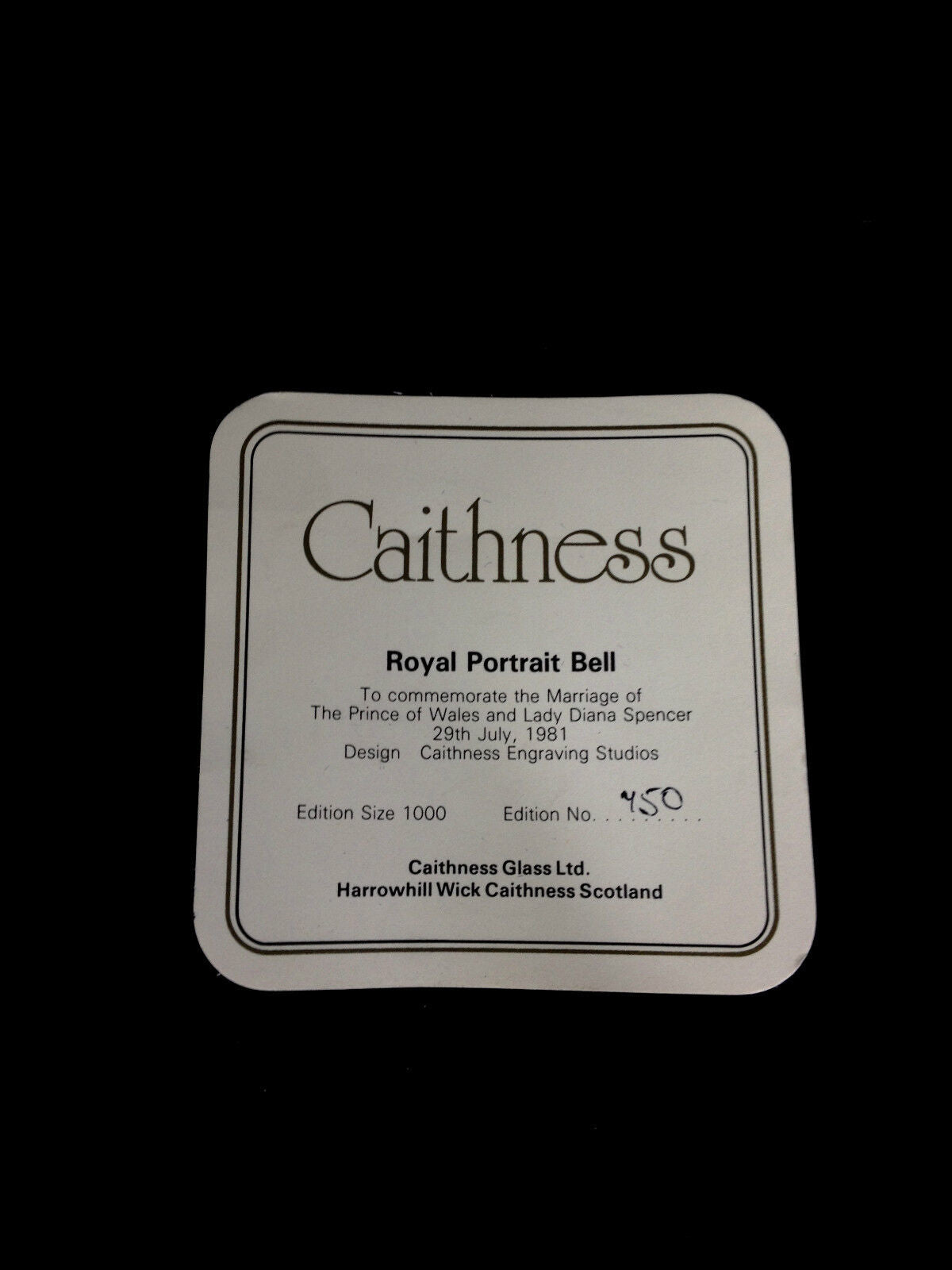 Caithness Glass Commemorative Princess Diana Marriage Bell Limited Edition Boxed