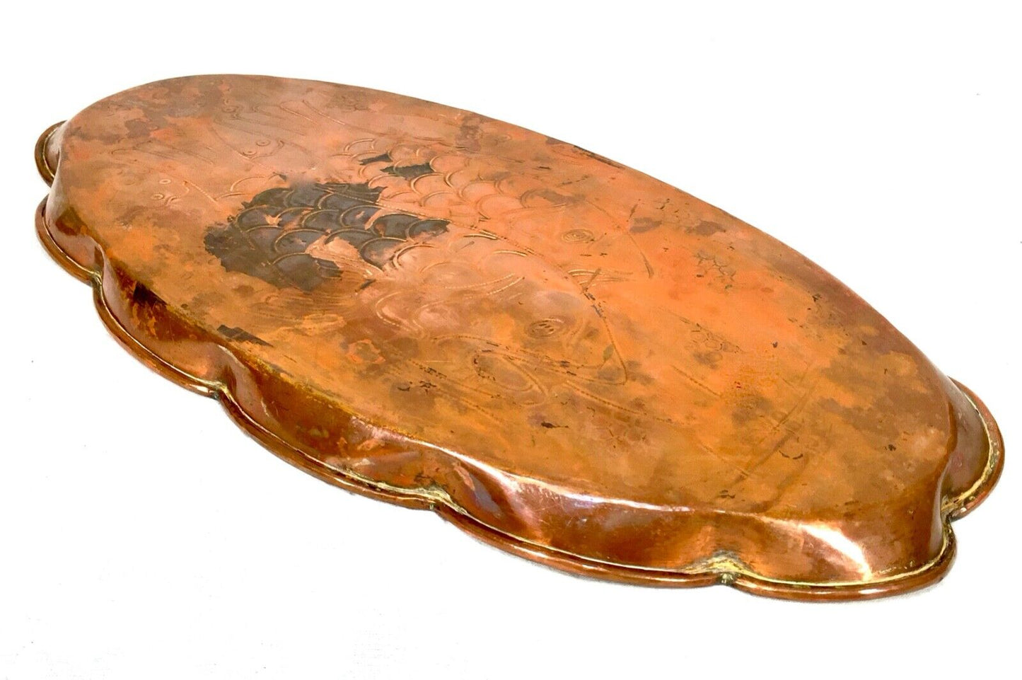 Antique Large Arts & Crafts Copper Tray with Fluted Edge & Fish Design c.1900
